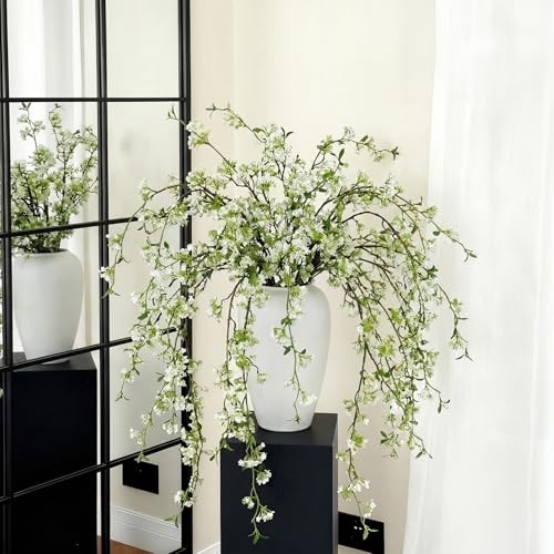 Pcs Artificial Cherry Blossom Branches with Green Buds Blossom Style 6 White