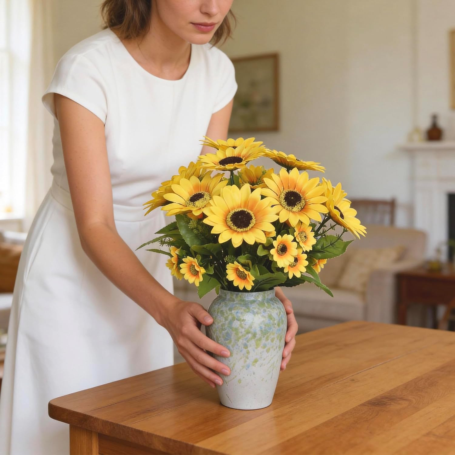 14″ Artificial Sunflowers Arrangement in Green & Blue Speckled Ceramic Vase – Fa