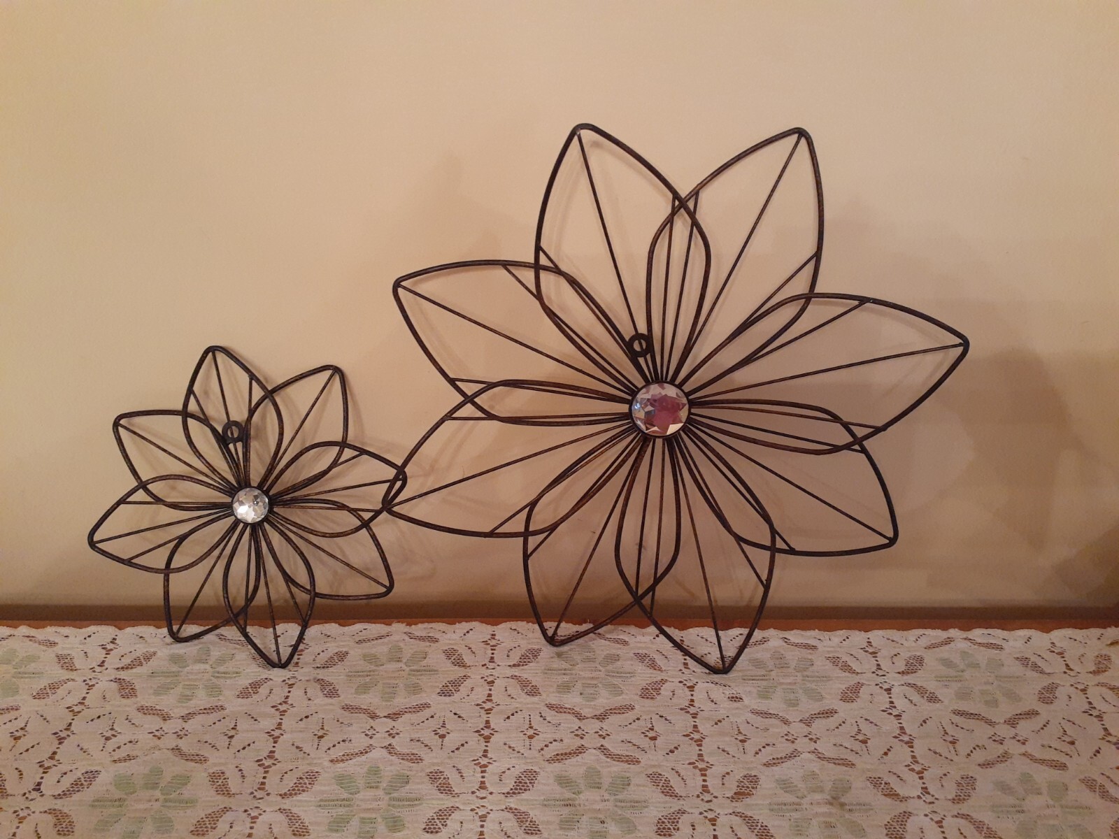 Indoor Outdoor Metal Flowers Set of 2 Black Home Porch Patio Wall Decor W/Bling
