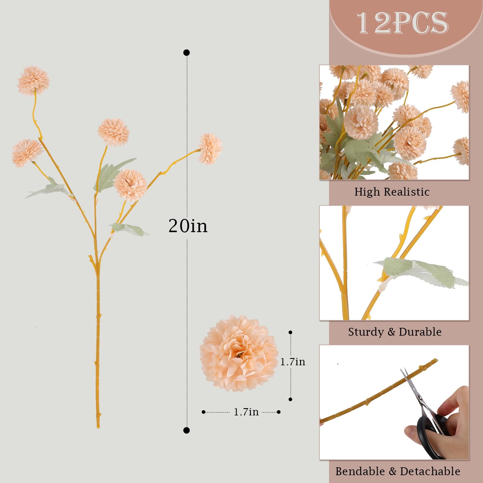 12 Pcs Artificial Chrysanthemum Flowers Beige Kiku Pom Pom Mums Faux Floral Fall