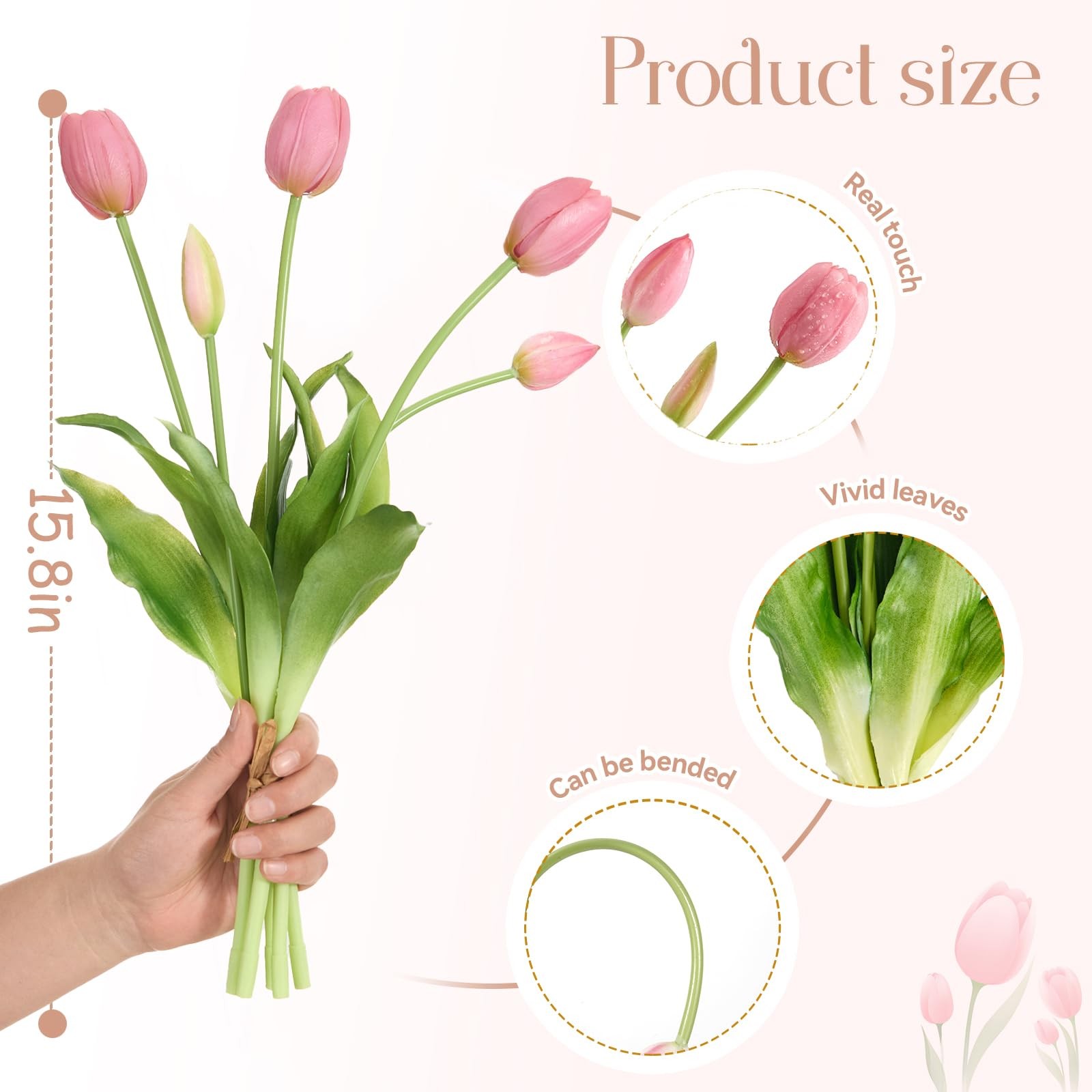 15 PCS Deep Pink Fake Tulips Artificial Flowers Real Touch Latex Bouquet Decor