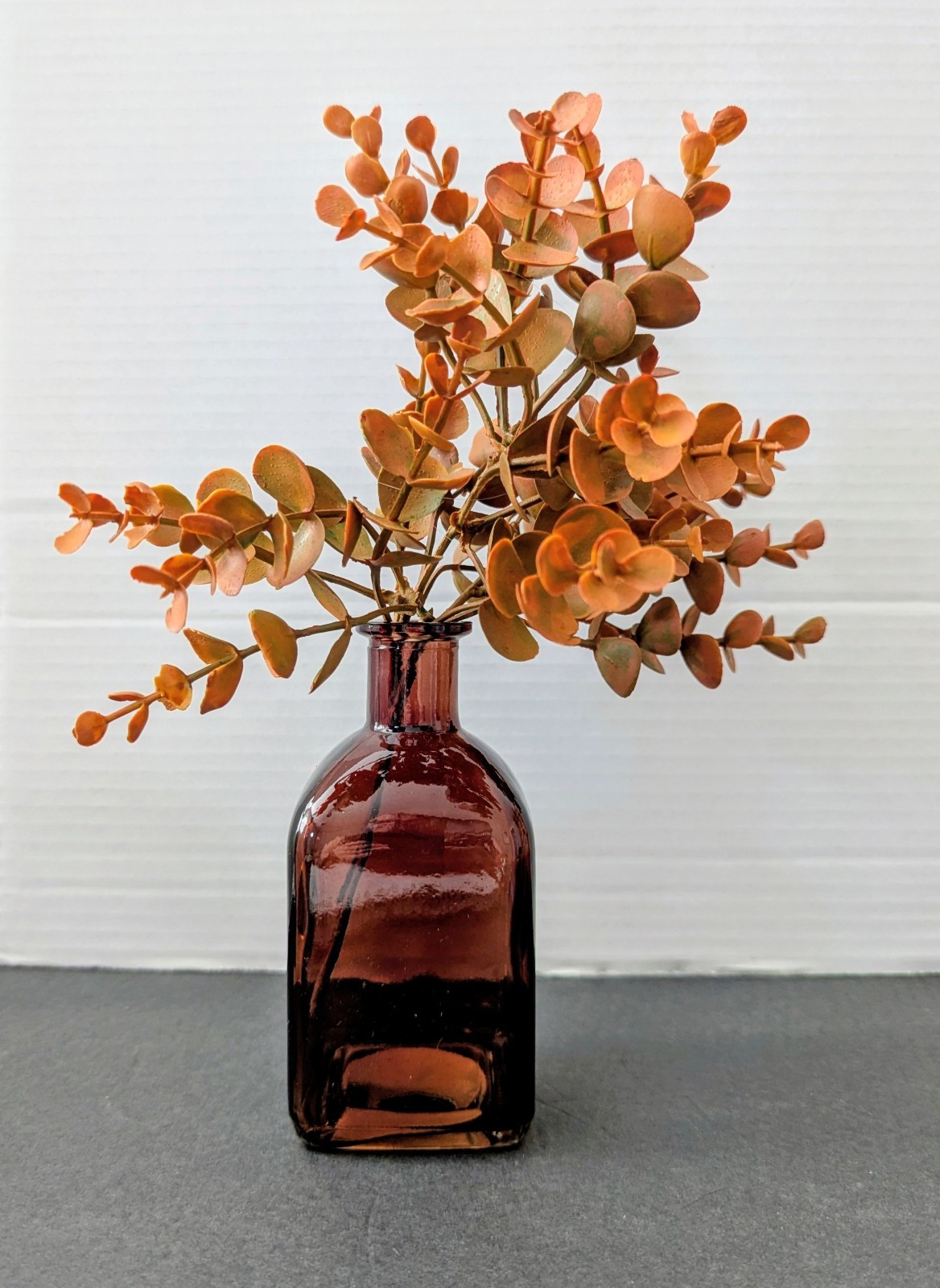 NEW Small Dark Am Bud Vase w/ Brown Eucalyptus Stems Fall Decor 5.5″ x 2.5″