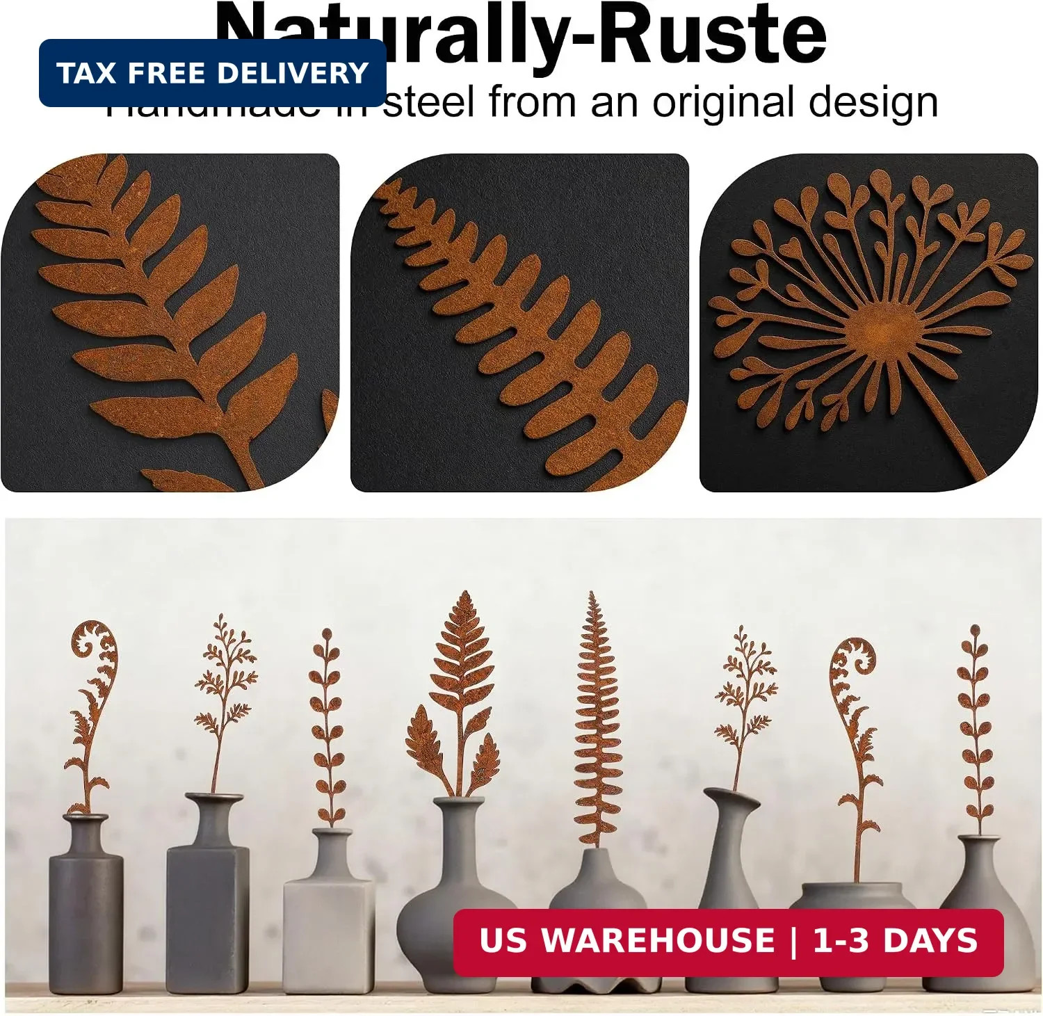 5 Pcs 14.2” Longer Rusty Metal Flowers and Plants, Rustic Metal Fern Leaf Garde