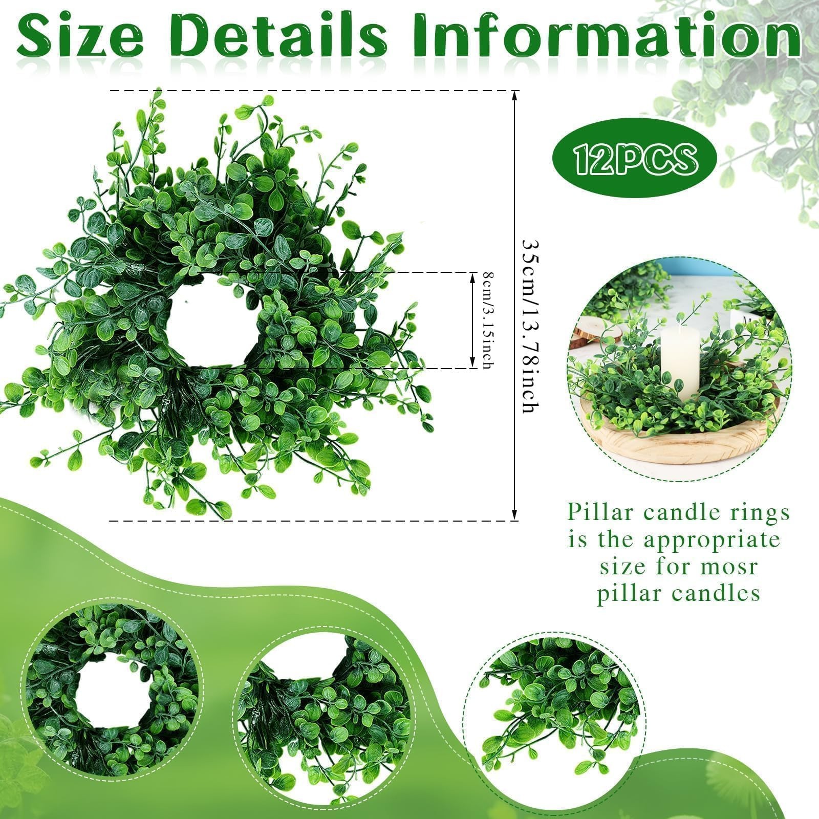 12 Pcs Mini Green Boxwood Candle Rings Wreaths Spring Summer Kitchen Cabinet Swa