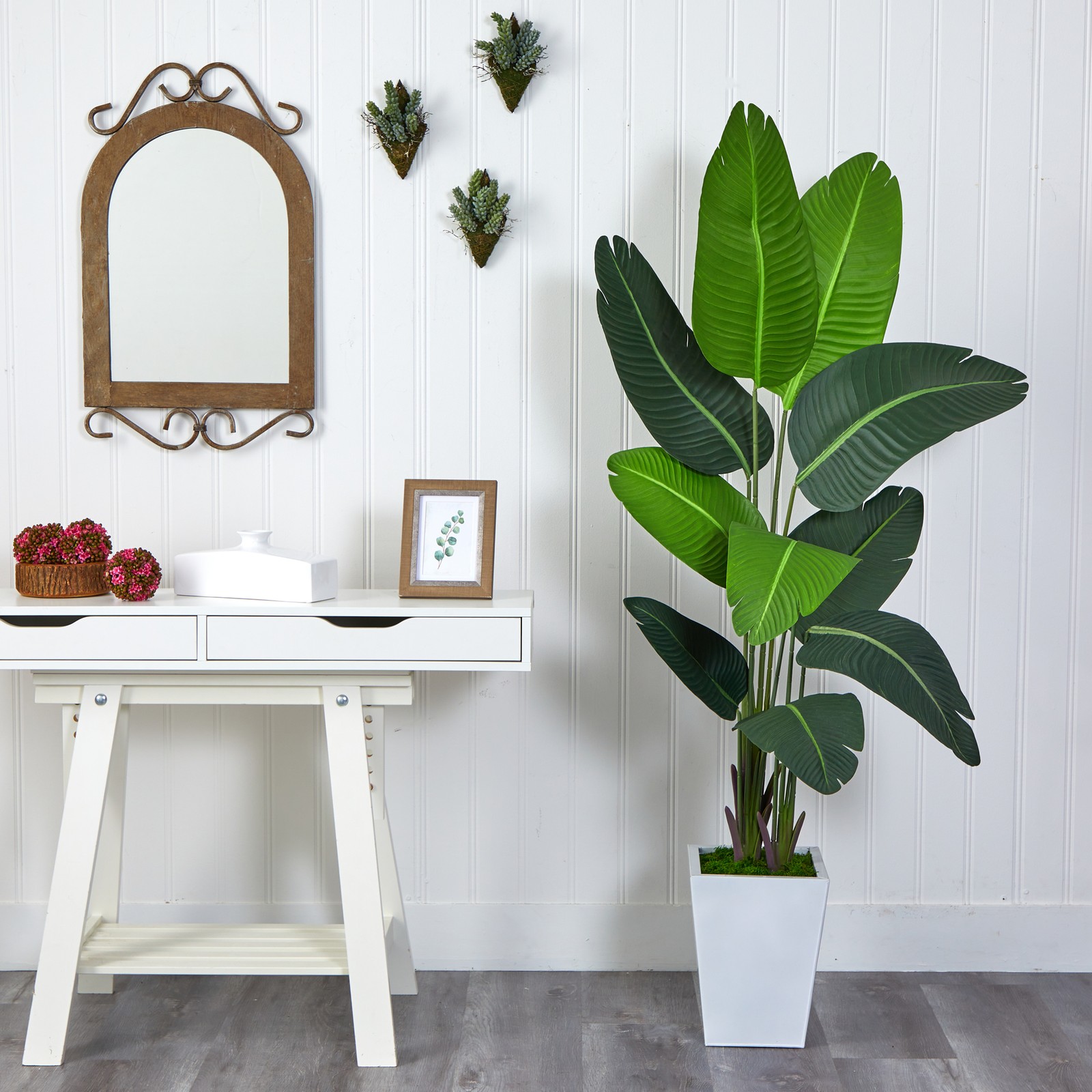 66″ Travelers Palm Artificial Tree in White Metal Planter in Green/White