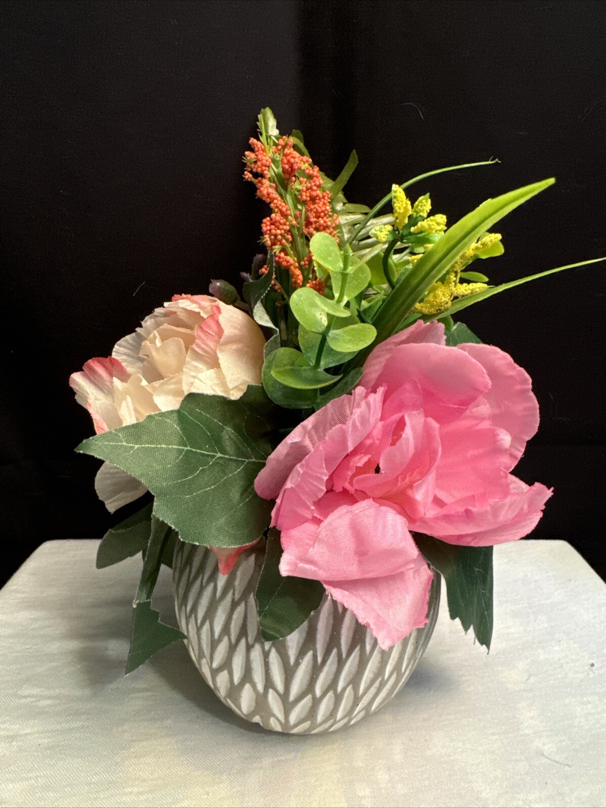 Silk Floral Arrangement Pink Flowers and Green Succulent in a Asian Ginger Jar