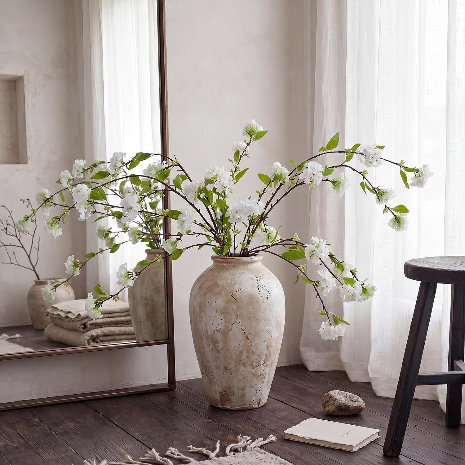 4 Pcs Faux Snowball Viburnum & Hydrangea Long Stem Flowers for Home Decor