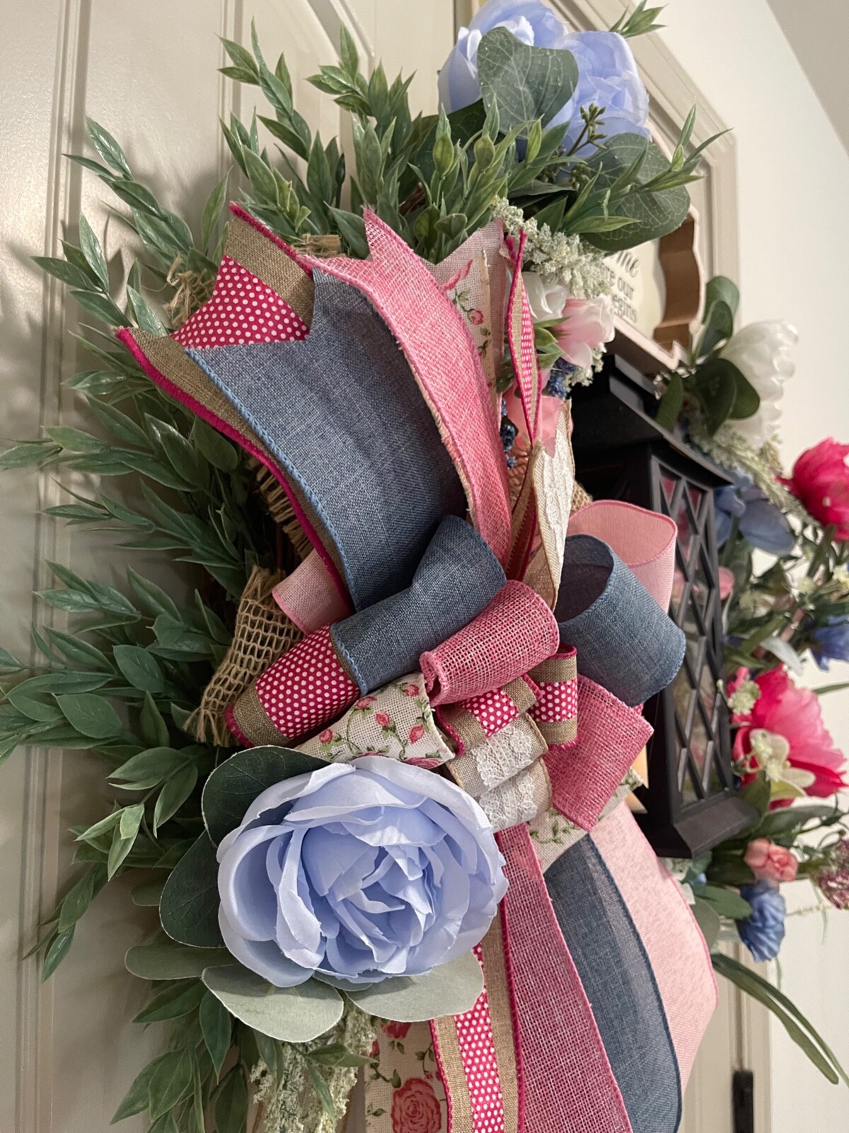 Home Where our Story Begins Lantern wreath by Taylormadecustombows 27x25x7″