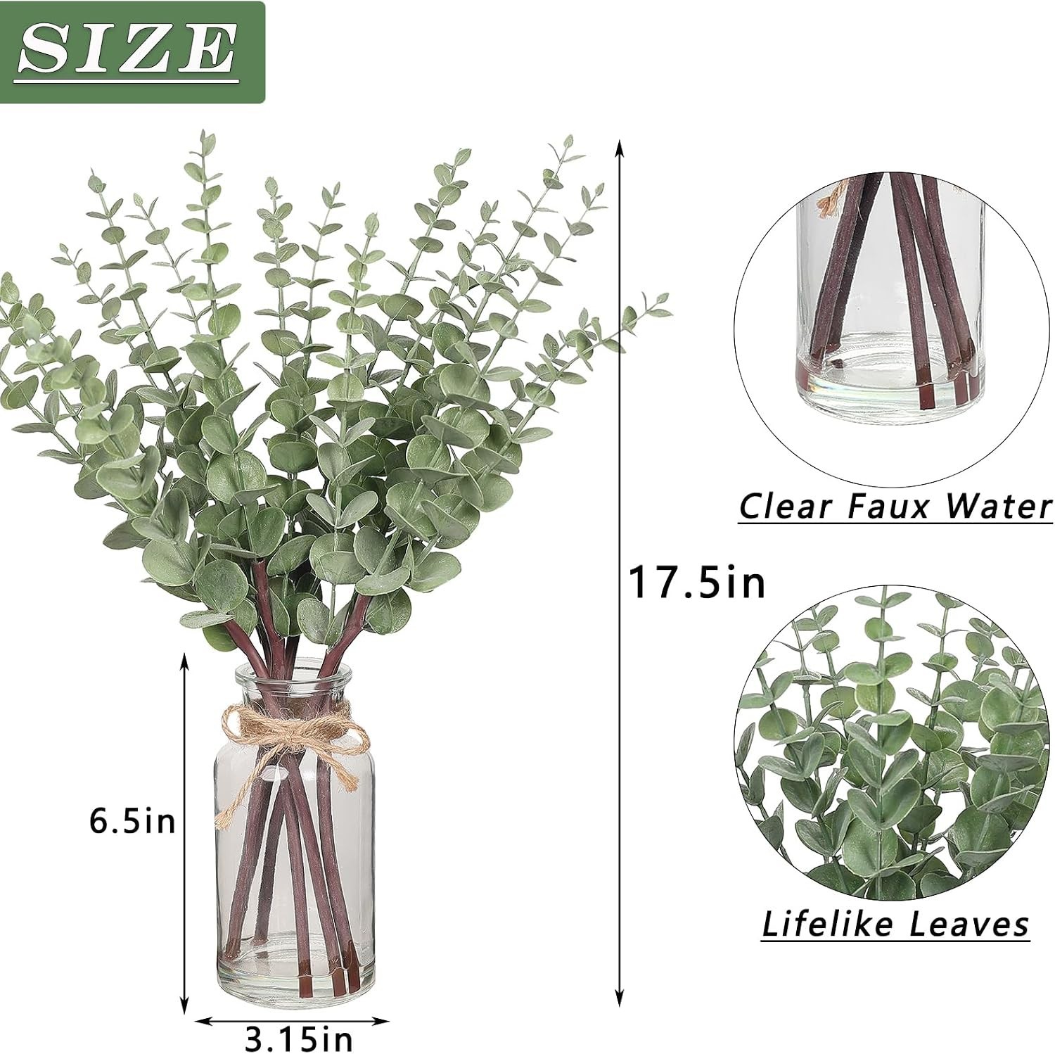 17.5″ Artificial Eucalyptus Stems in Glass Vase with Faux Water,Fake Plant Eu…