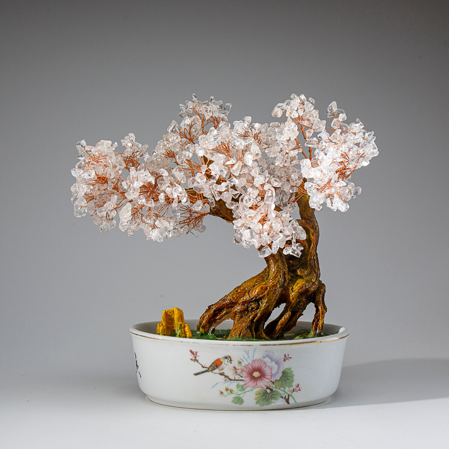 Genuine Quartz Gemstone Bonsai Tree in Oval Ceramic Pot (10” Tall)