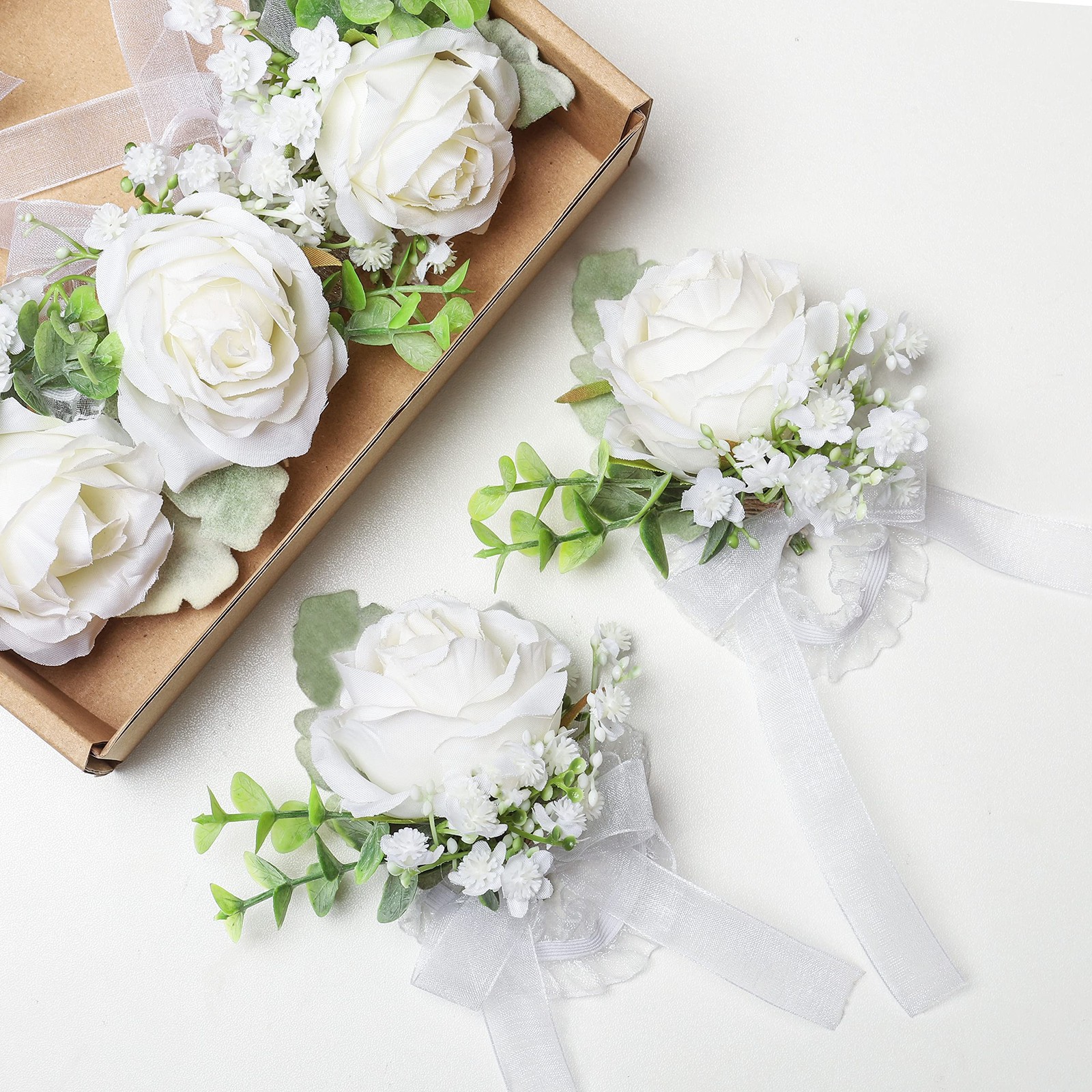 White Rose Wrist Corsages Wristlet Band Bracelet for Wedding,Set of 6, Ivory …