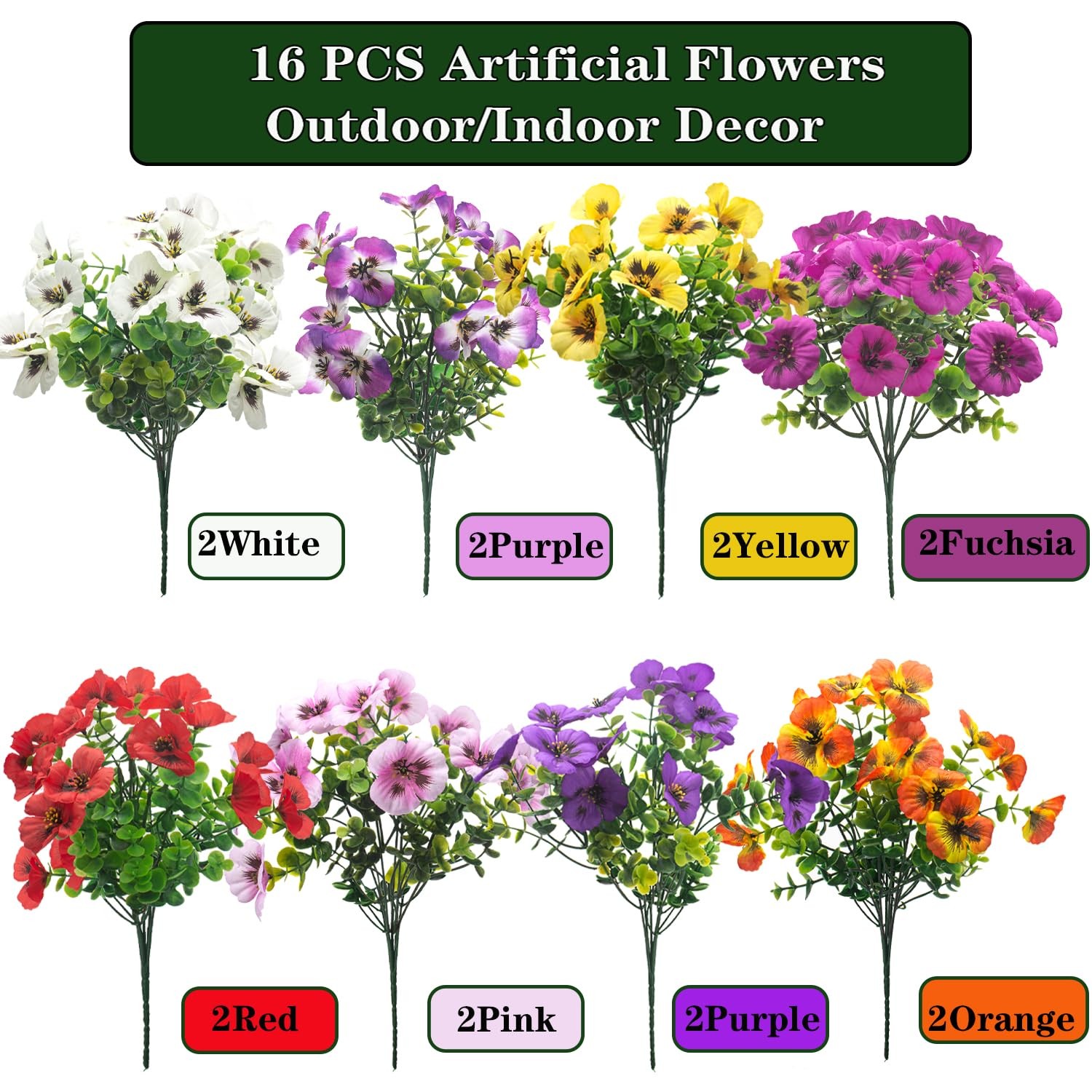 16 Bundles Artificial Pansy Flowers | UV Resistant Fake Silk Pansies, Realist…