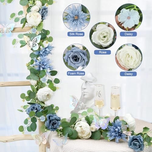 Eucalyptus Flower Garland 4-Pack – 5.9FT Faux Rose Greenery with Butterflies for
