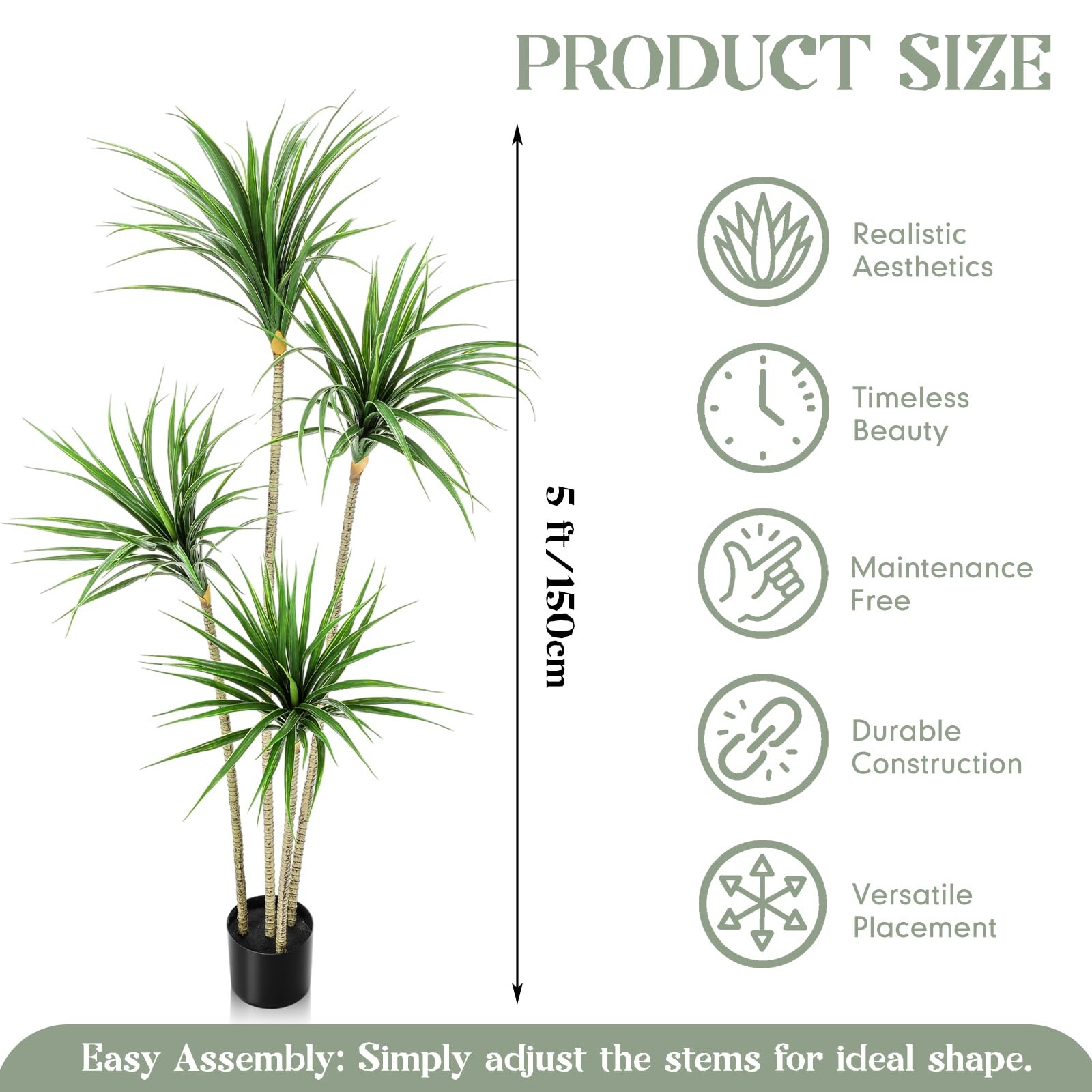 5 ft Artificial Dracaena Marginata, Tall Artificial Dracaena Plant Tree, Trop…