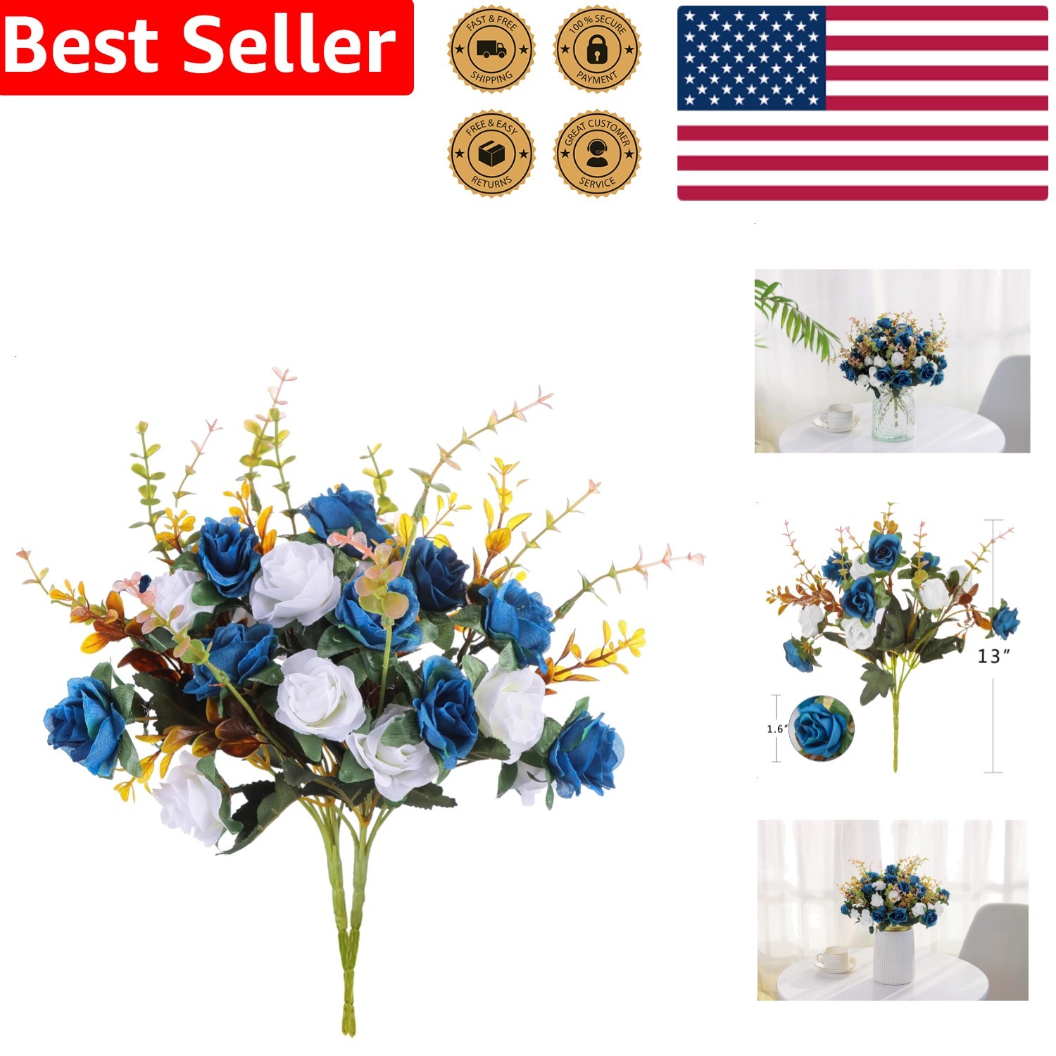 Plastic Flowers 2 Packs Dark Blue Elegant Artificial Roses for Home Office Party