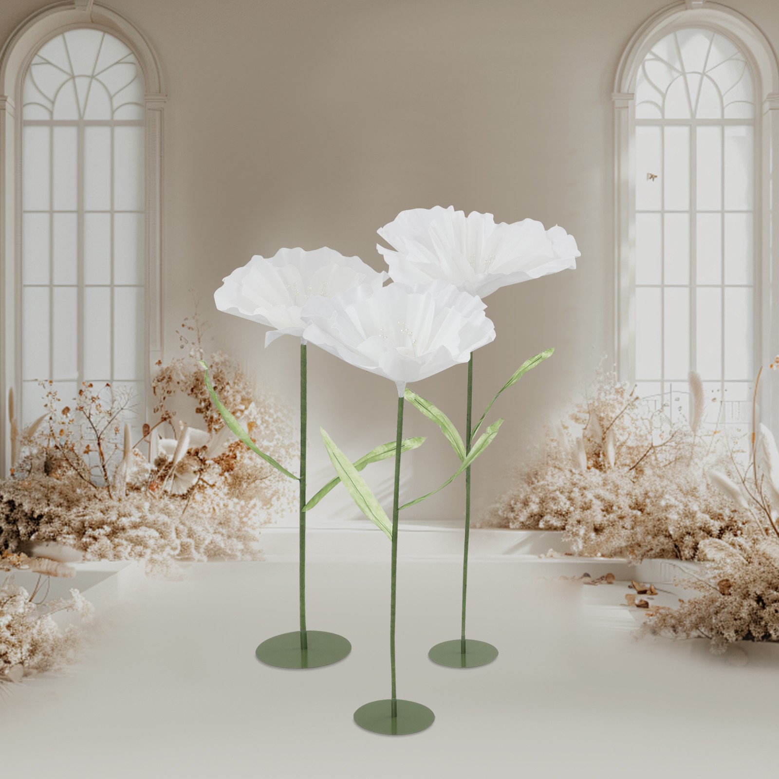 3pcs Giant Artificial Flower Poppy Free Standing Adjustable Wedding Decor White