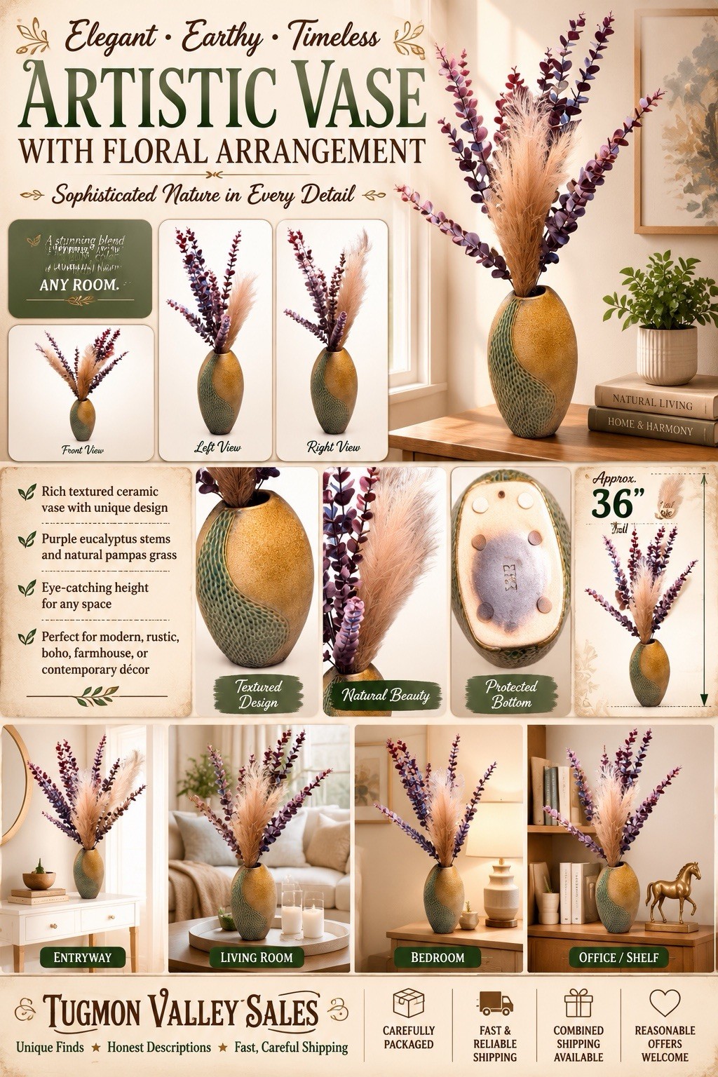 Modern Textured Ceramic Vase w Faux Pampas Eucalyptus Floral Arrangement