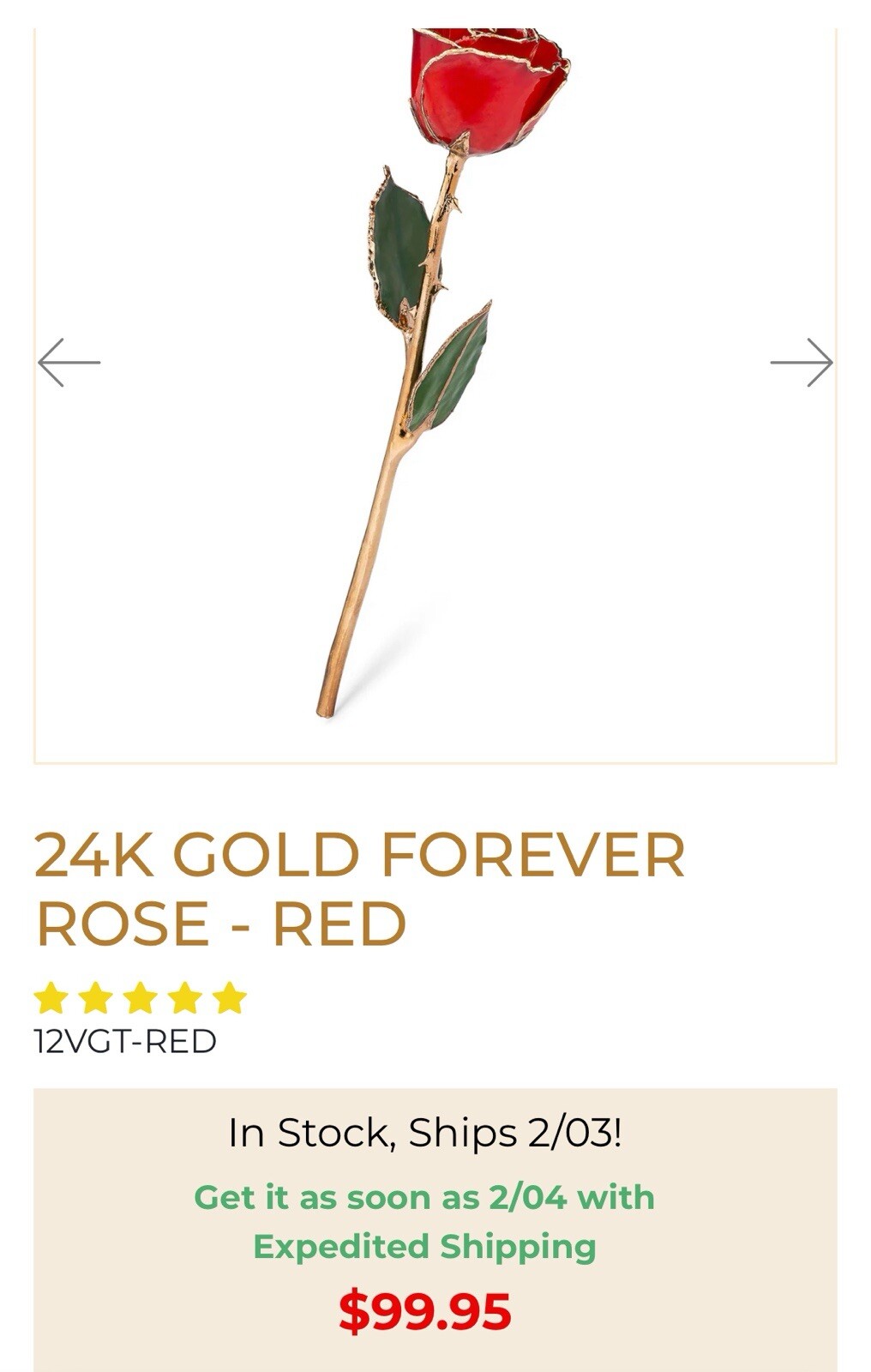 Elegant Real Red Rose Preserved in 24k Gold forever Rose NEW In box