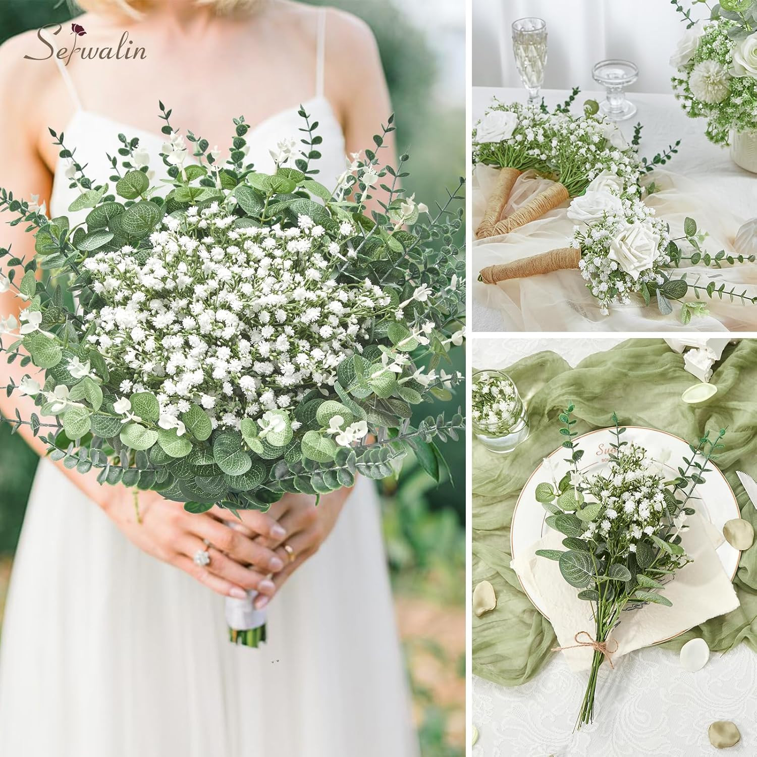 100 Pcs Eucalyptus Stems & Babys Breath Flowers for DIY Bouquets & Decor