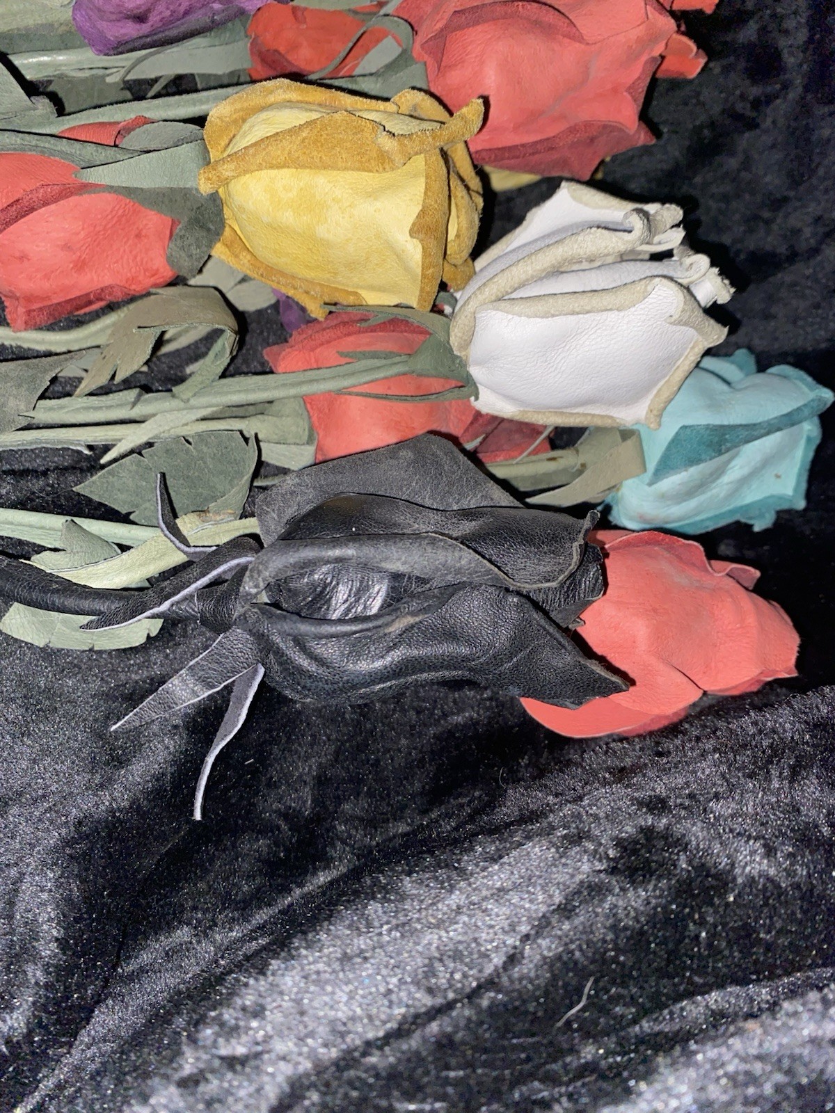 Vintage Handcrafted artificial leather roses in assorted colors with green stems