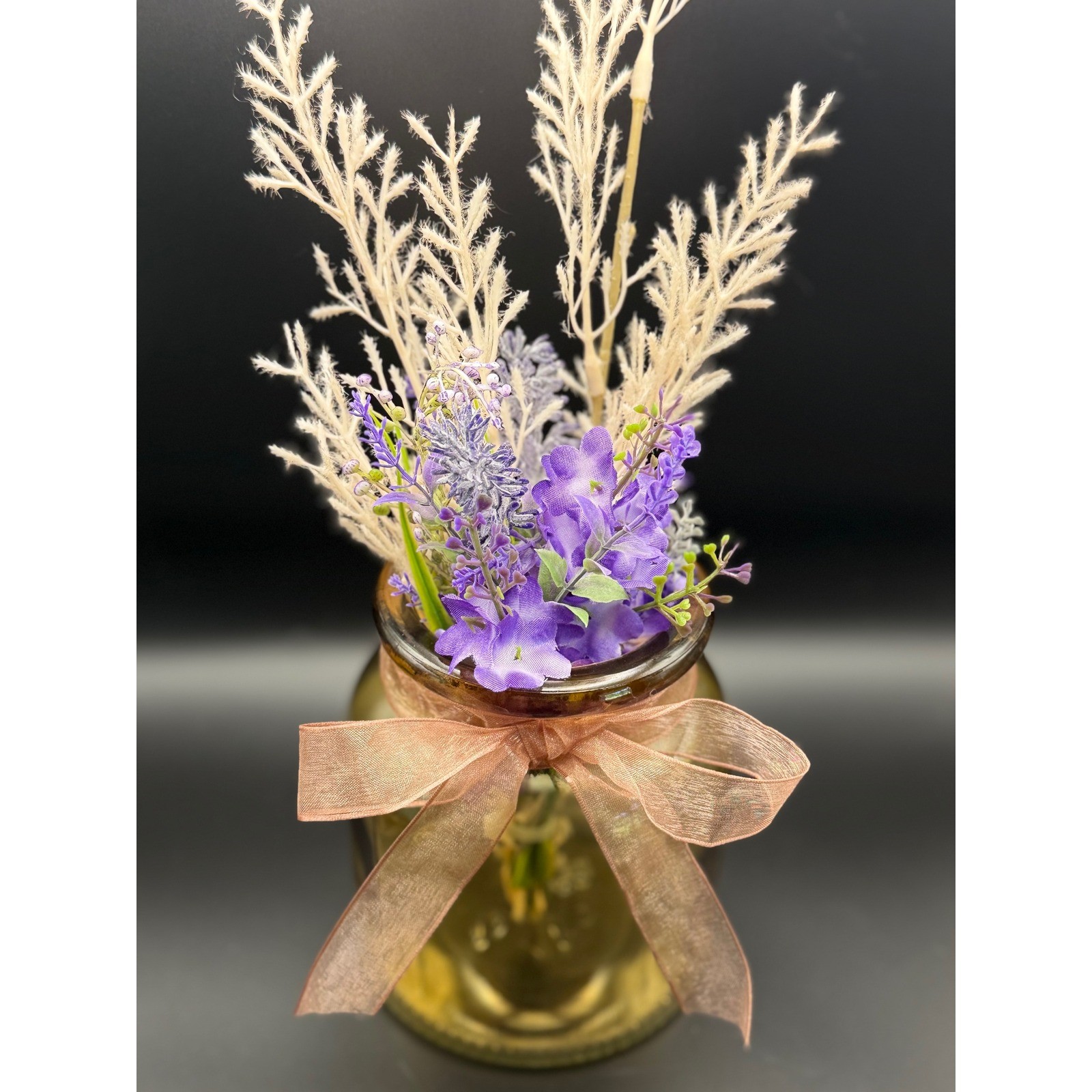 Faux Purple Lavender Arrangement in an Amber Arkansas Glass Container Corp Vase