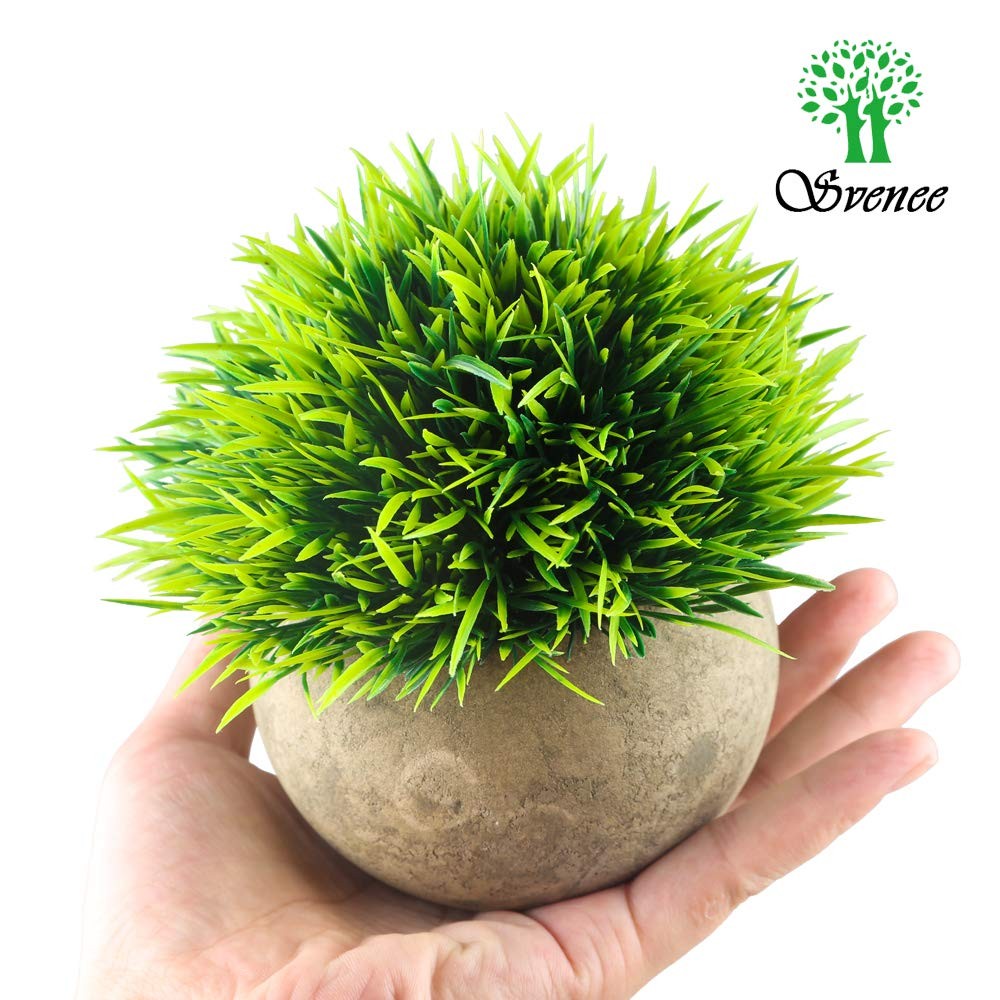 1 PCS Grey Pot Mini Artificial Fake Green Grass Potted Plant Topiary Shrubs