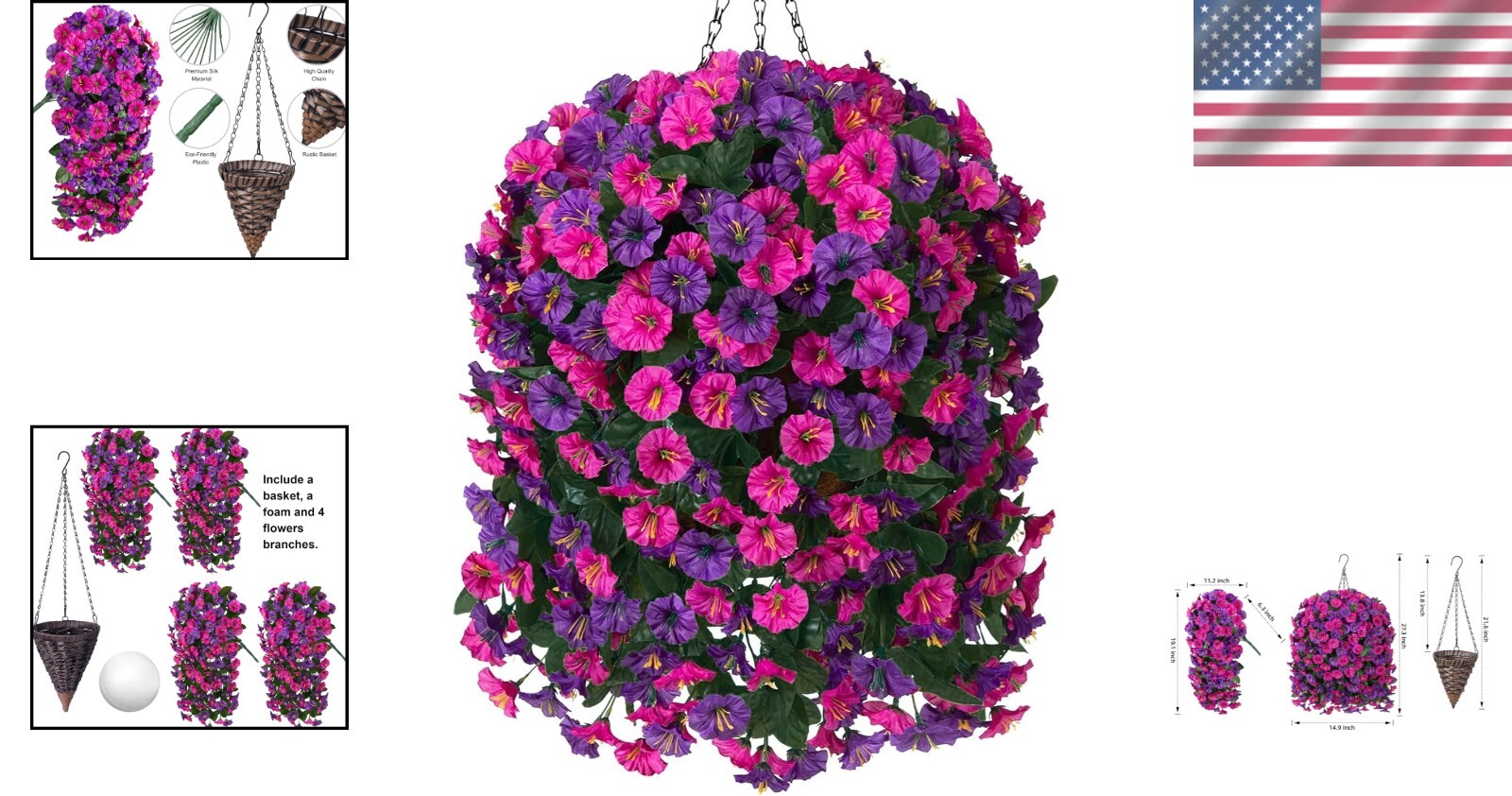 Vibrant Fuchsia & Dark Purple Faux Silk Hanging Flower Planter for Home Yards