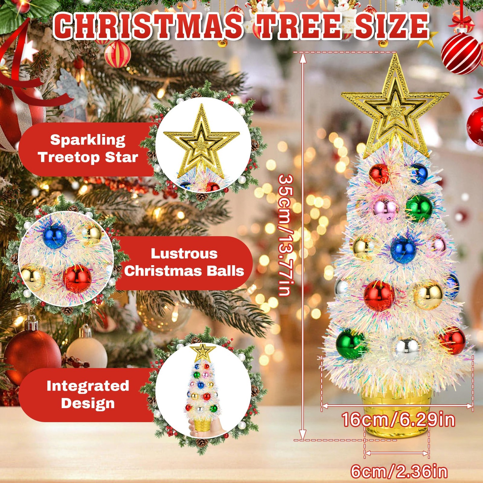 2 PCS 14 Inch Mini White Tinsel Tabletop Christmas Trees Multicolored Decor