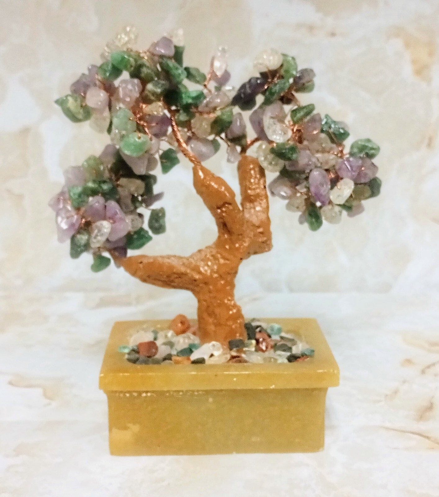 Japanese Amethyst Quartz Gemstone Bonsai Tree In Stone Pot 5.5″
