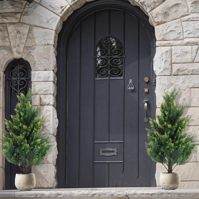 2PCS 2.3/3/4FT Artificial Cedar Topiary Trees, Fake UV Resistant Potted Plants