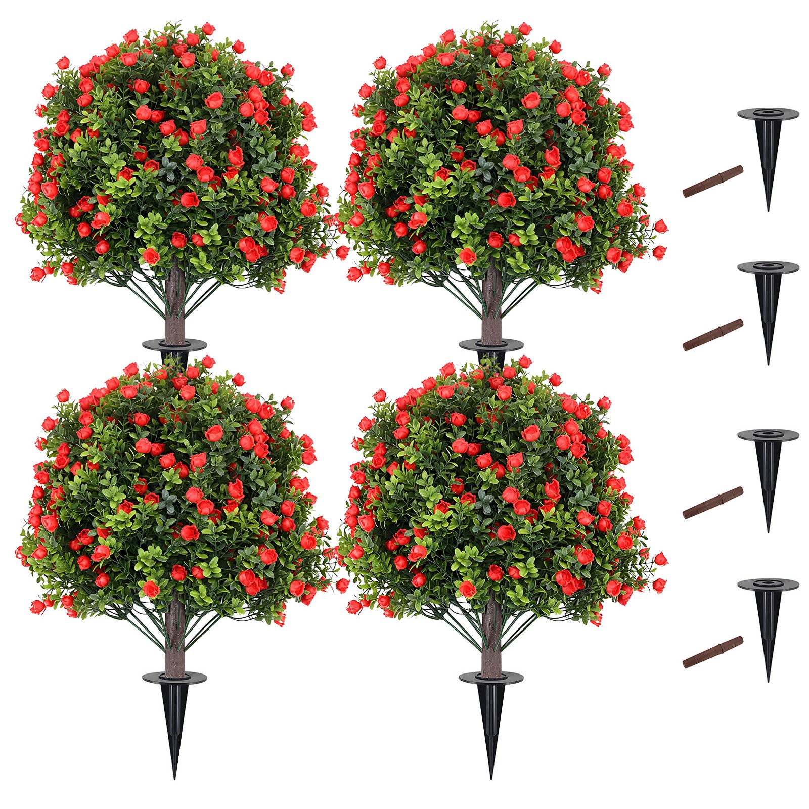 4 Pack Artificial Boxwood Rose Garden Stakes 24 in UV Resistant Outdoor Decor