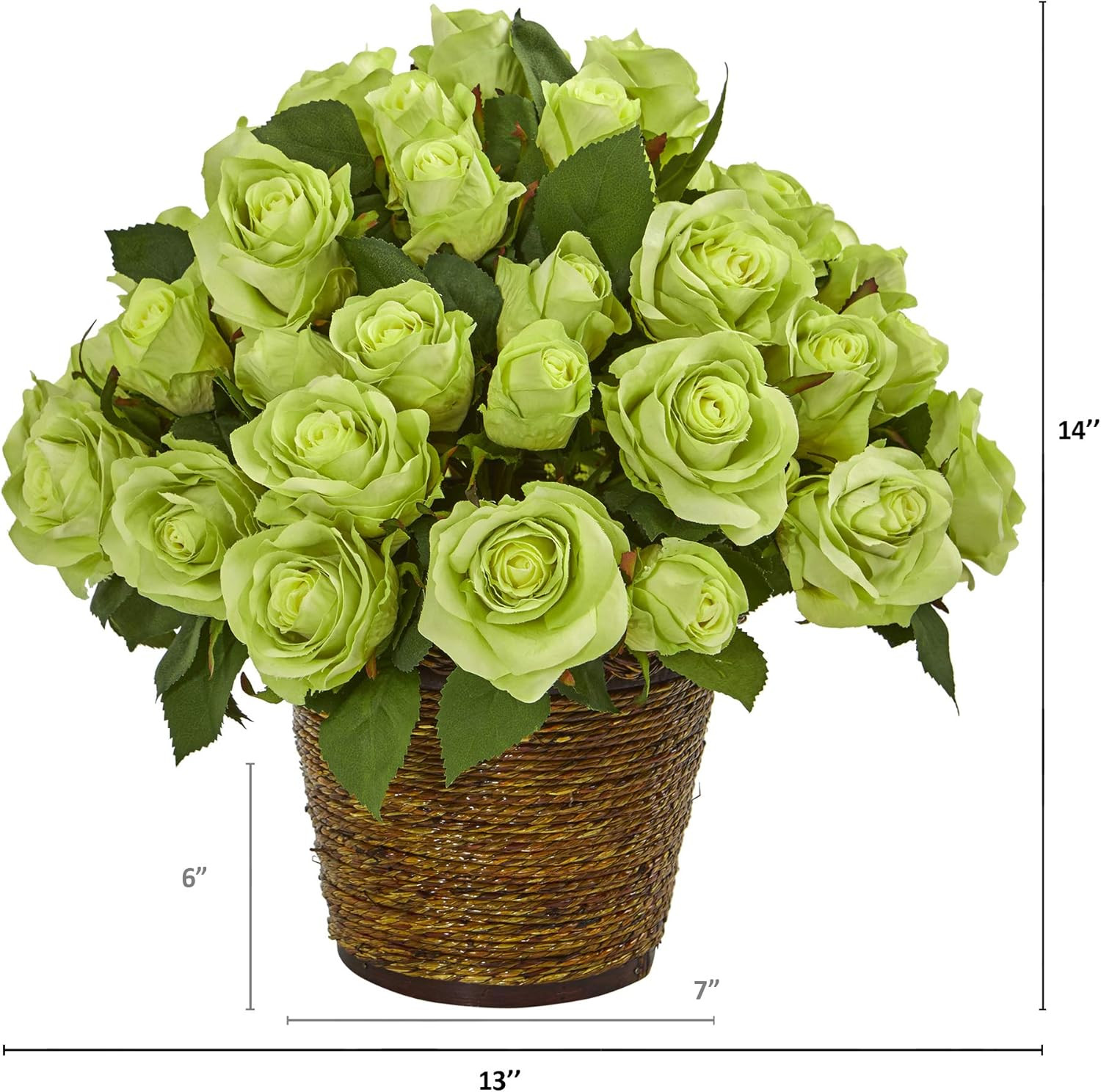 14″ Green Rose Silk Arrangement in Basket