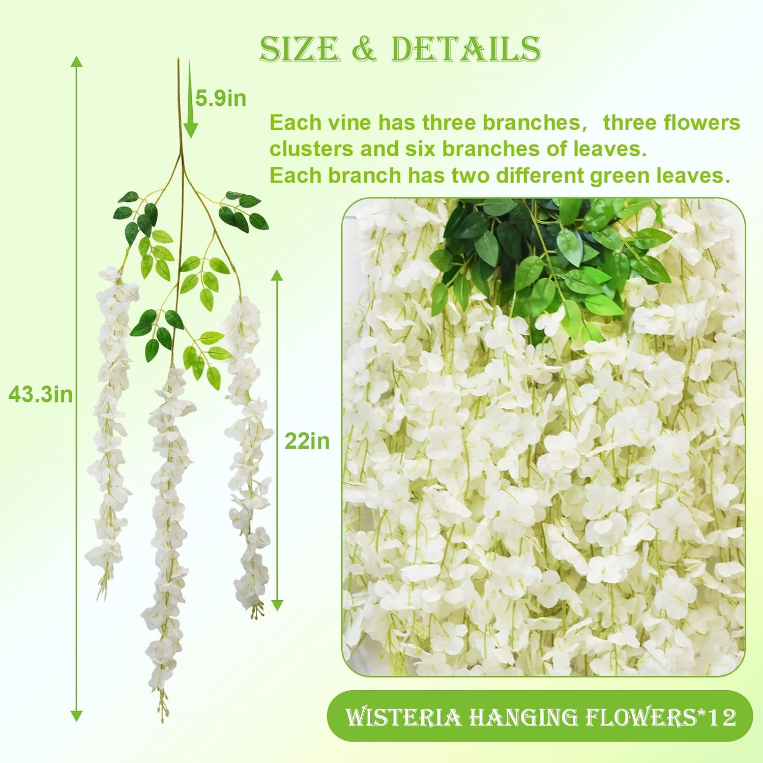 12 PCS Wisteria Hanging Flowers, 3.6Ft Fake Wisteria Vines Artificial Wisteria G