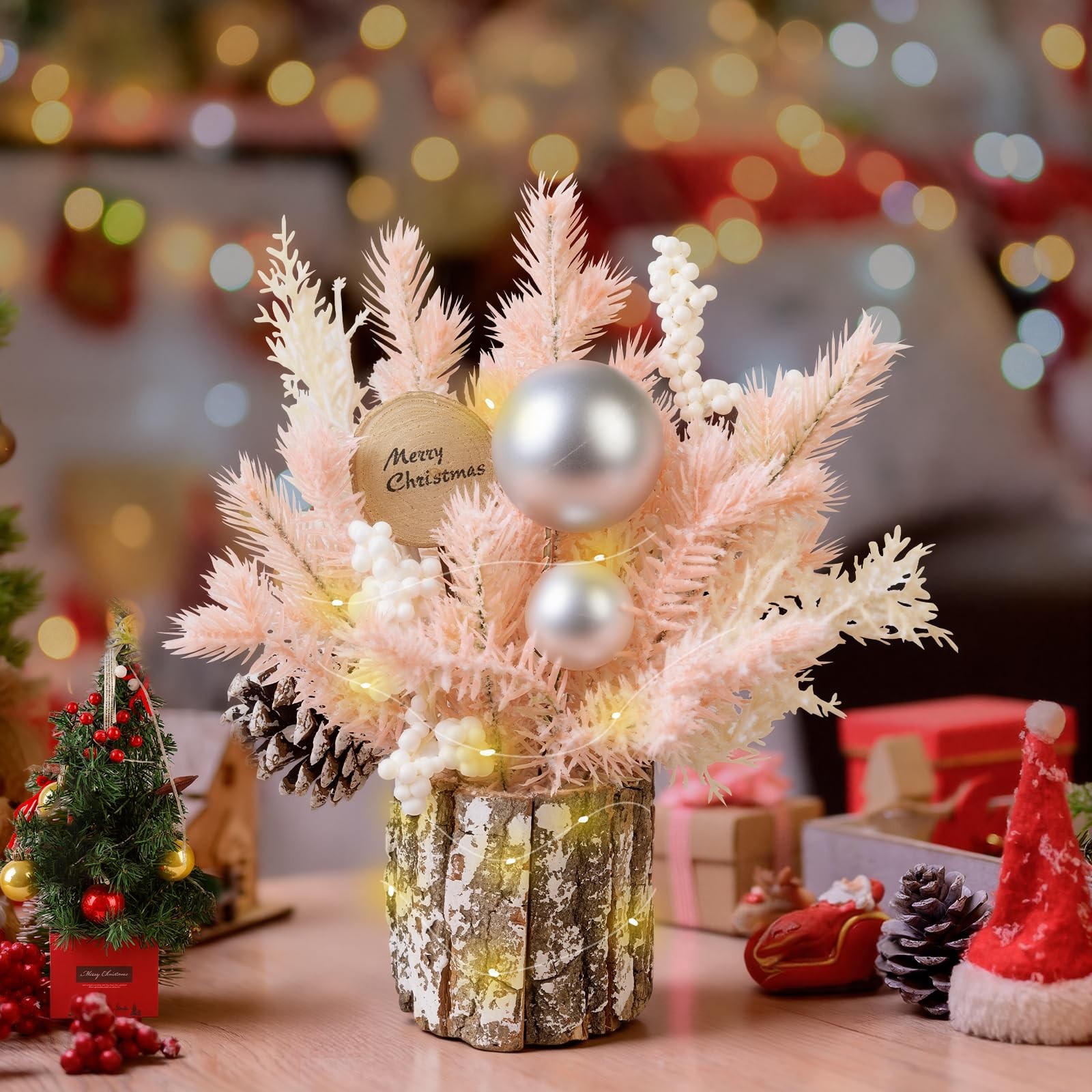 Pink 12 Inch Small Table Top Christmas Tree Lights Pine Cones Berries Decor