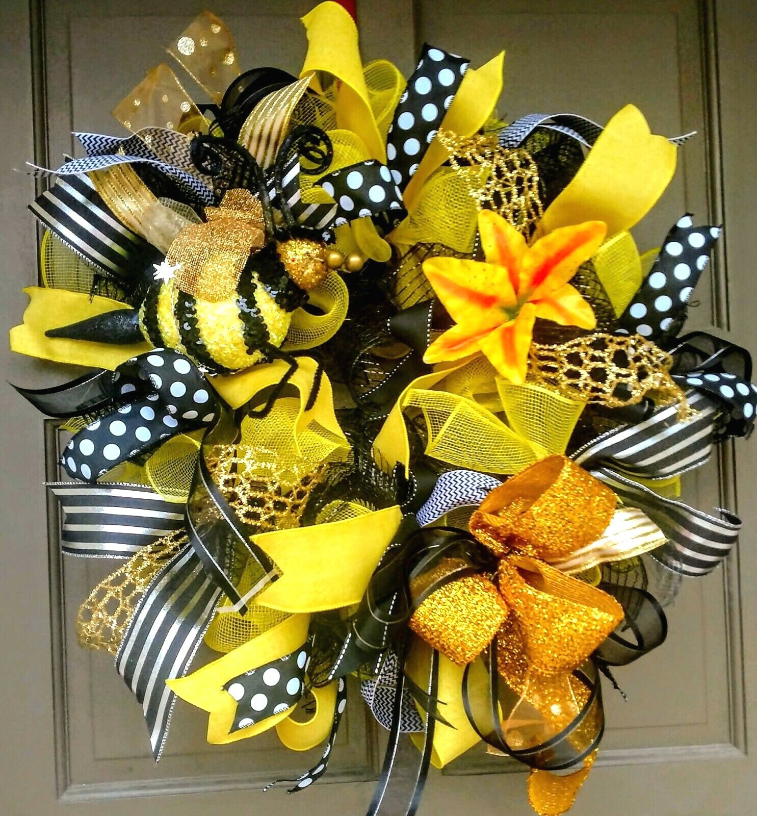 Spring Summer Bee Wreath Large Deco Mesh Floral Farmhouse Front Door Decor