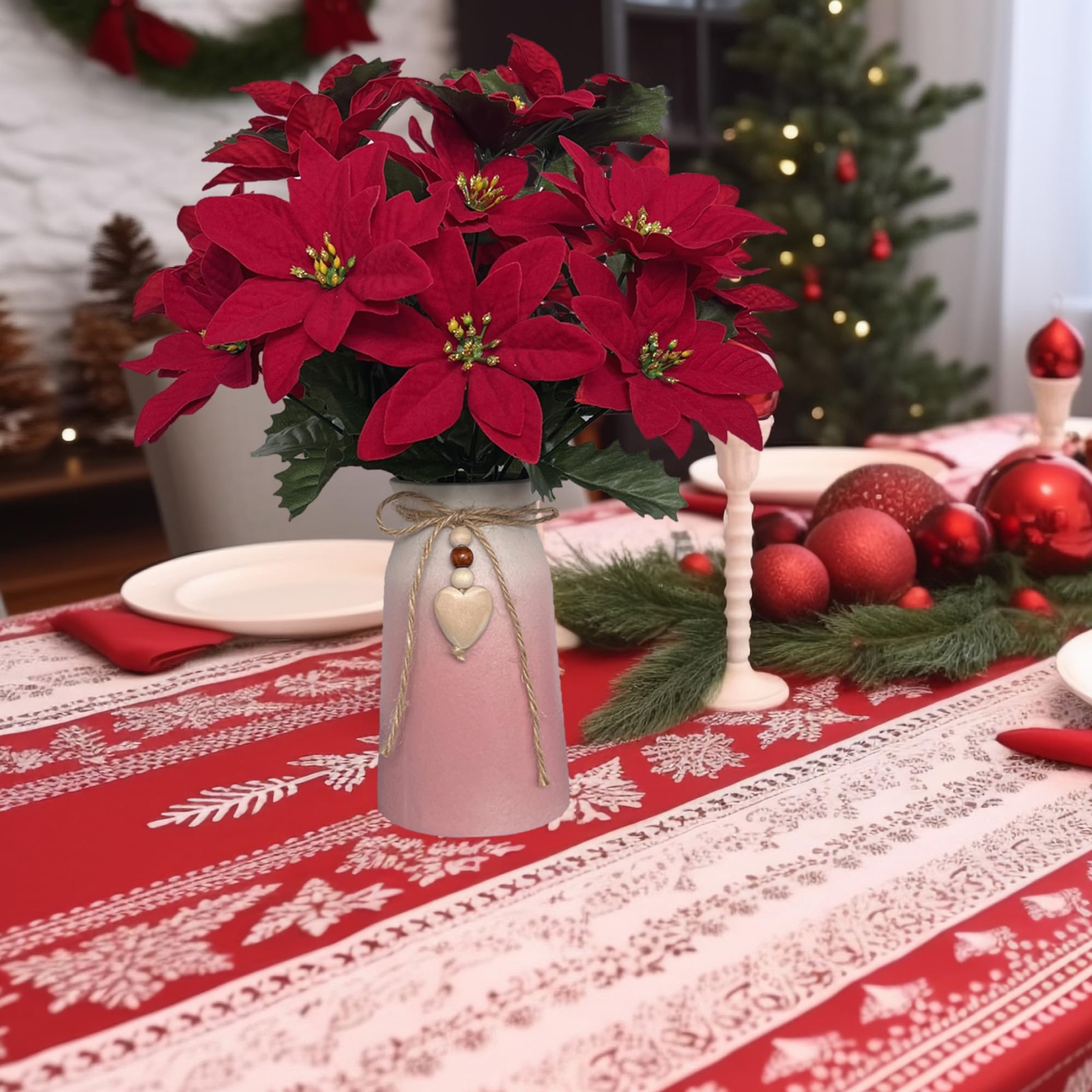 Red Artificial Poinsettia Faux Christmas Flower Arrangement Pink Vase Decor