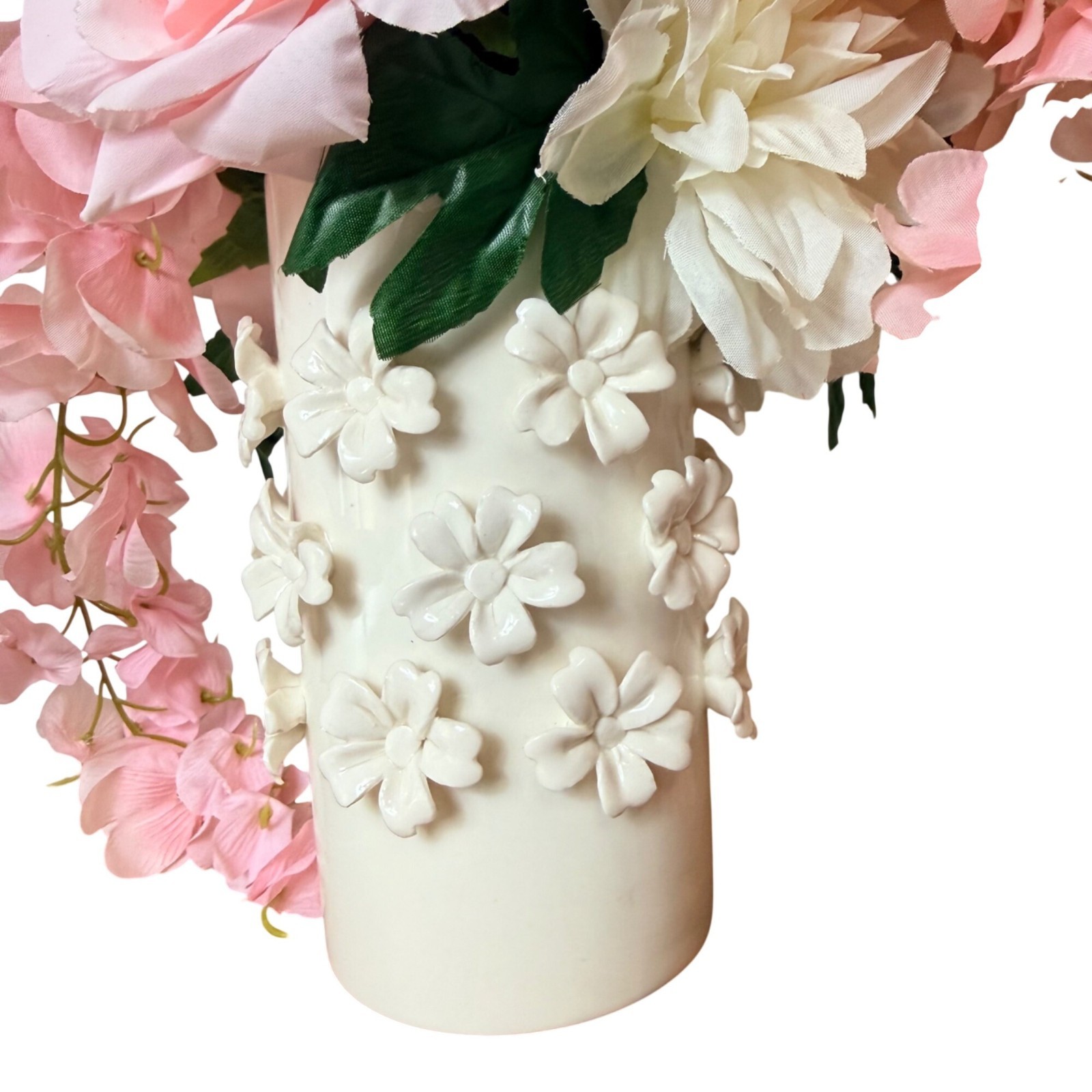 Pink Silk Floral Arrangement White Daisy Ceramic Vase Hydrangea Dahlia Decor