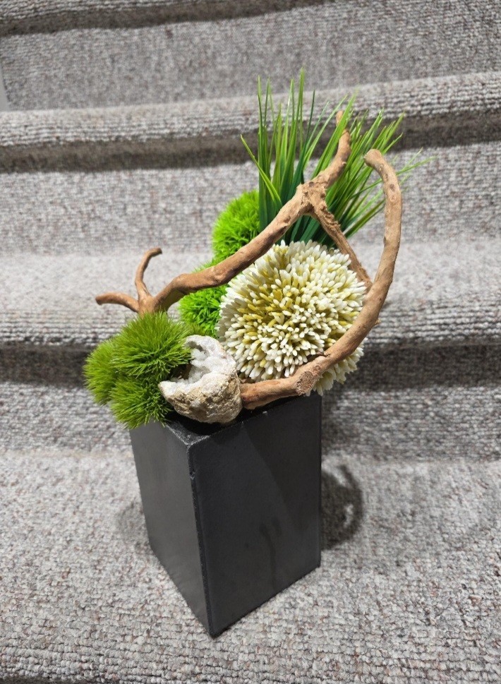 Zen Faux Floral Arrangement, Handmade Ikebana in Concrete Vase