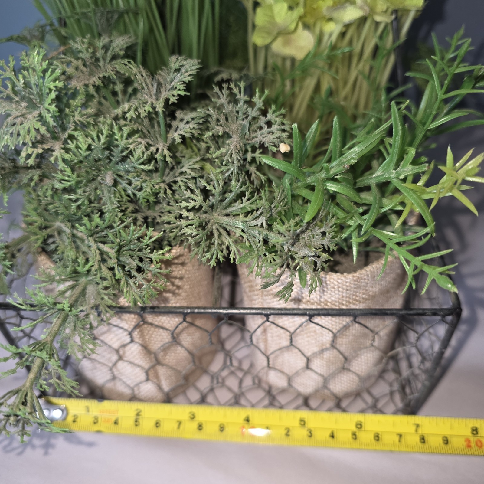 6 Artificial Plants In Burlap Containers In Metal Chicken Wire Carrier w Handle