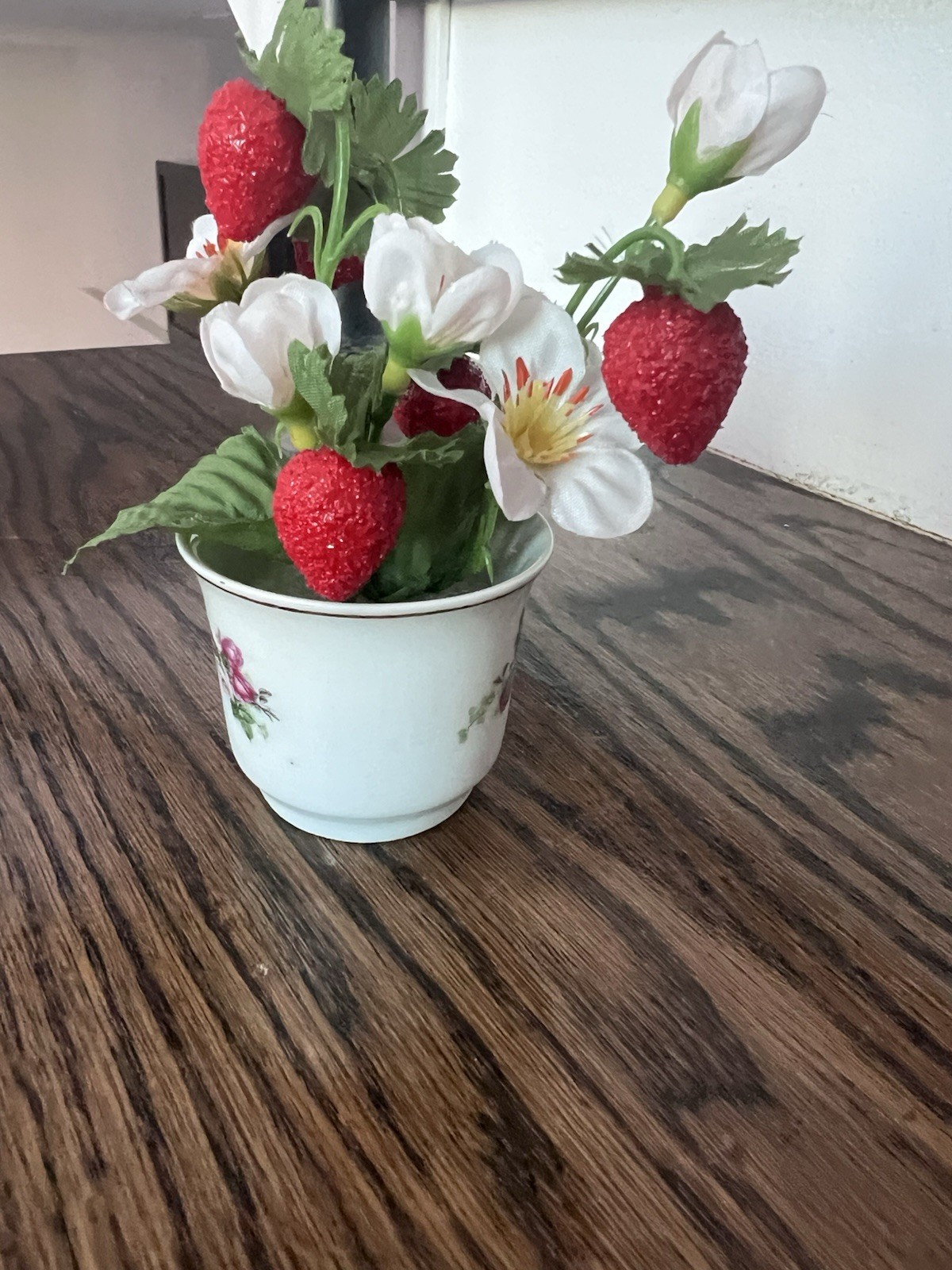 Porcelain Artificial Strawberry Floral Arrangement in Teacup Cottage Core Decor