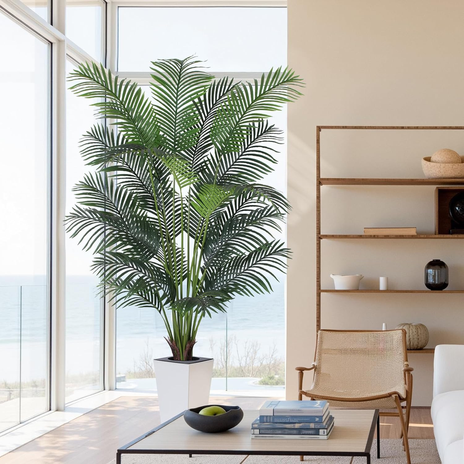 Artificial Palm Tree with White Tall Planter, 7Ft Tall Potted Artificial Silk Pa