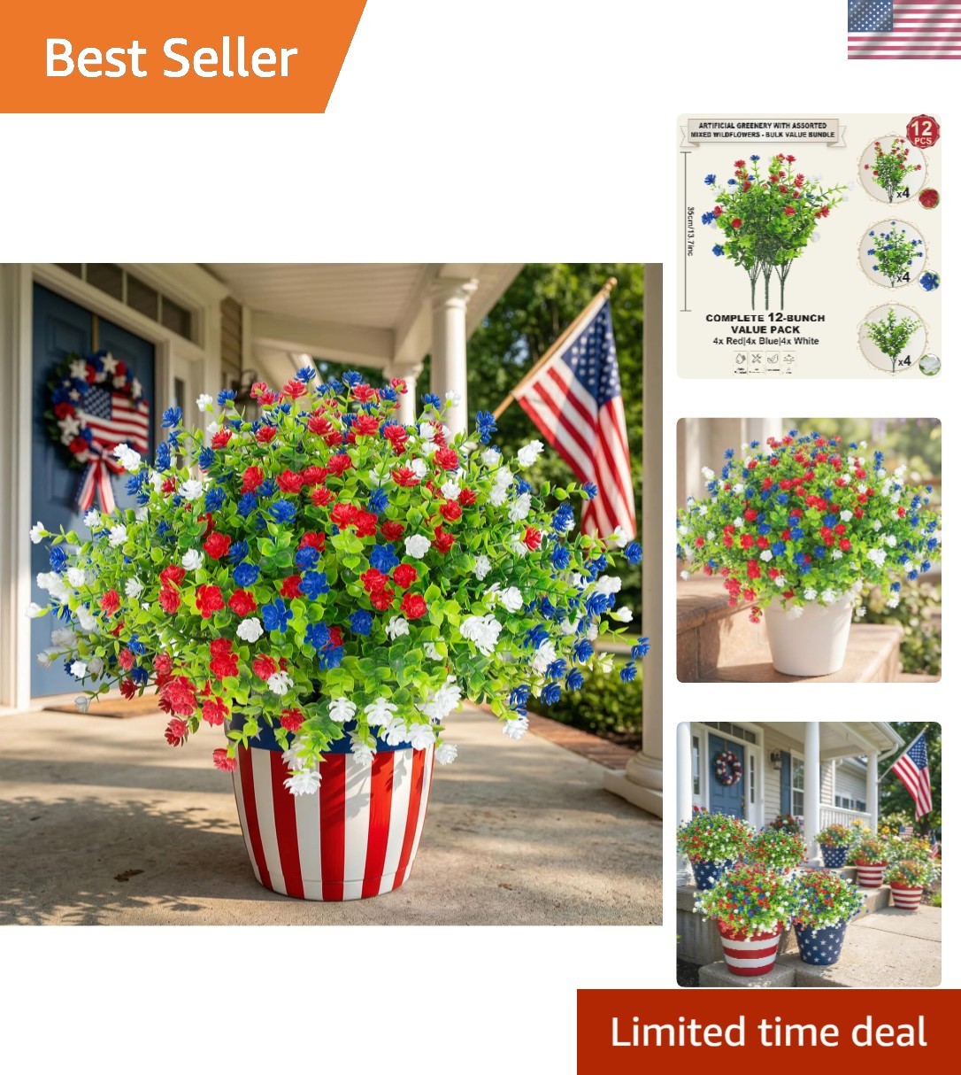 Stunning 12 Pcs Plastic Patriotic Flowers – Ready for 4th of July Celebrations