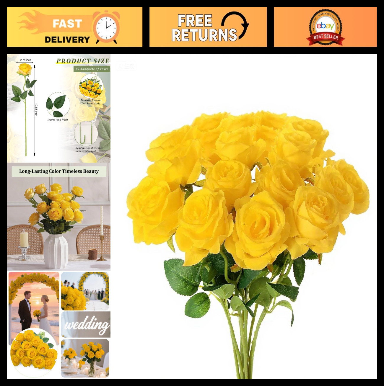 15 PCS Yellow Artificial Roses – Silk Flowers with Long Stems for Wedding, Home
