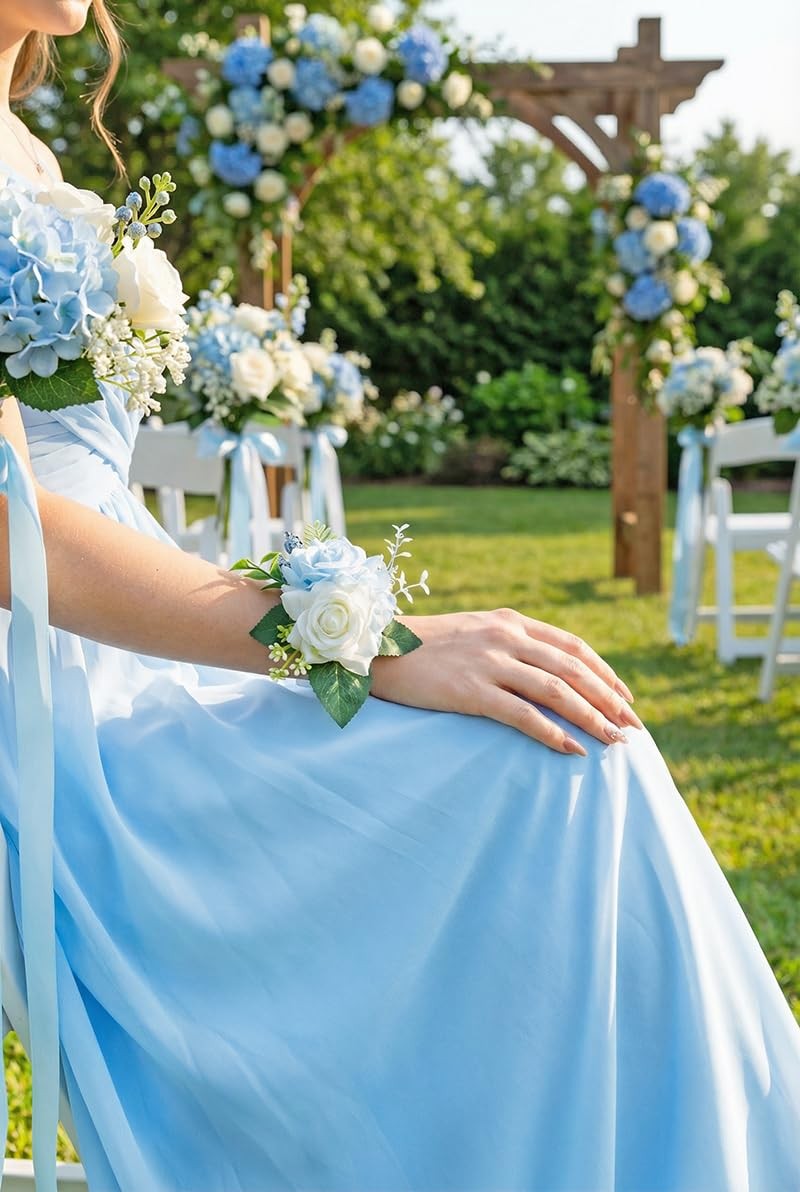 Light Blue Corsage and Boutonniere Set for Wedding Prom Artificial Rose Flow