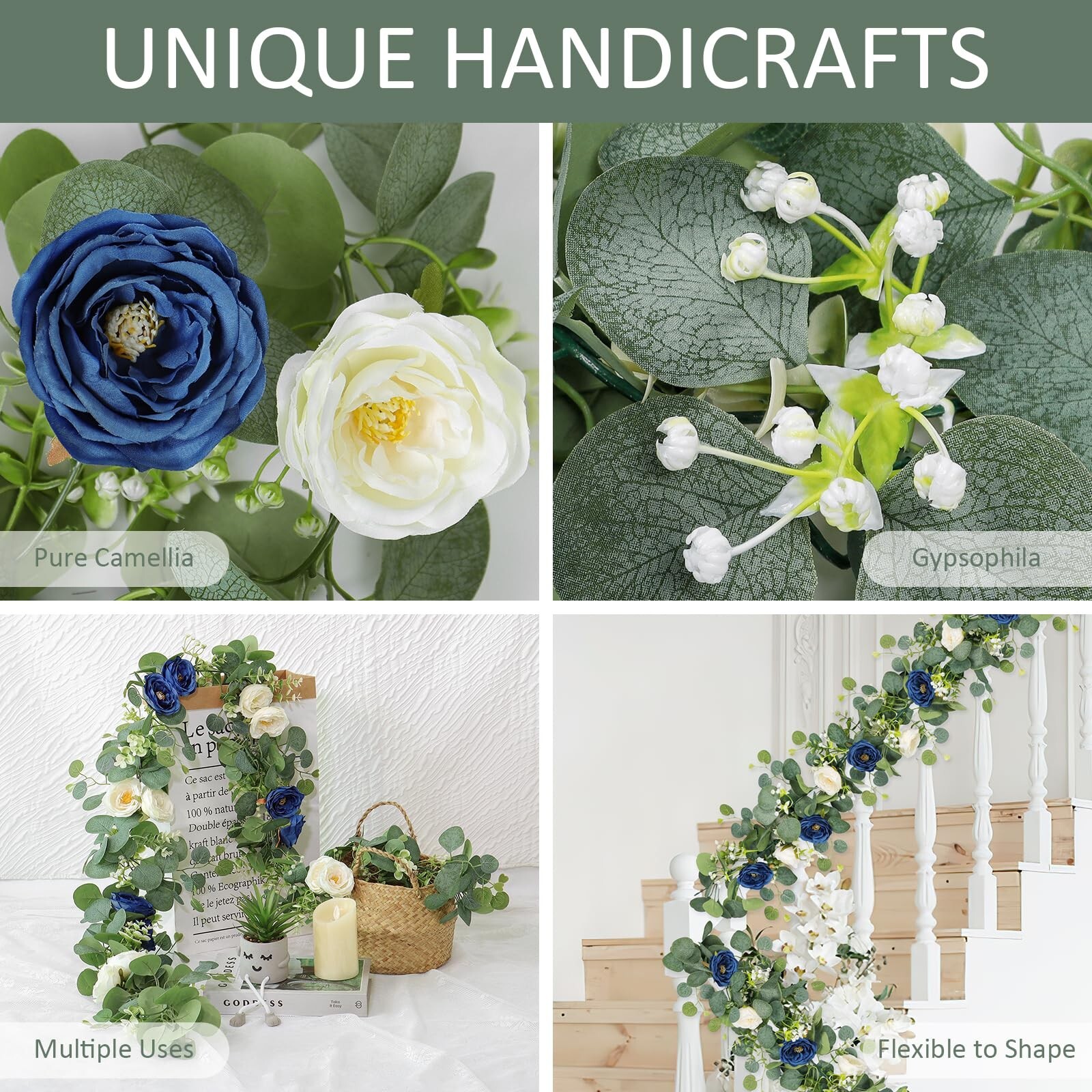 TOCHGREEN 4 Pack Artificial Eucalyptus Flower Garland with White and Blue Ros…