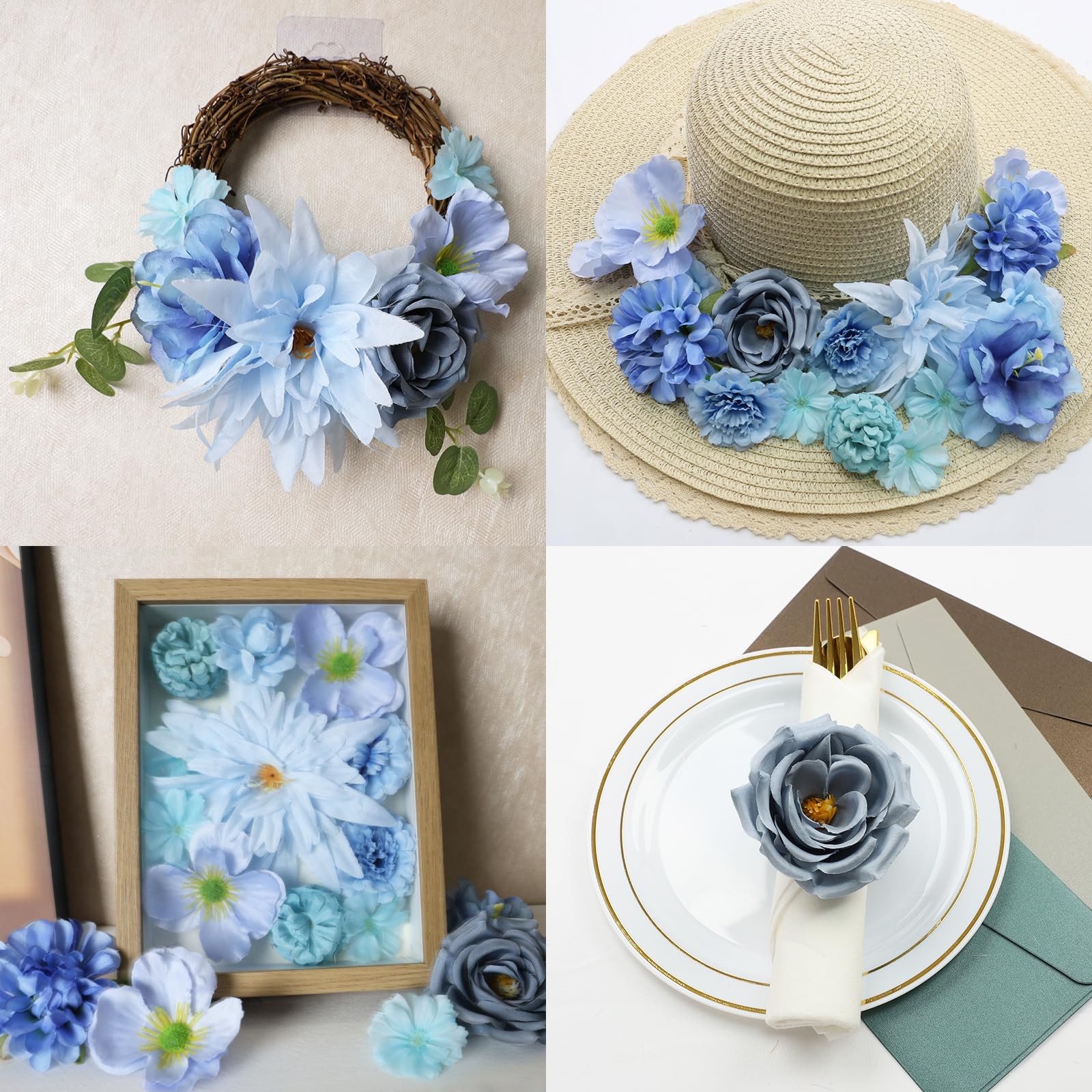 56 PCS Faux Flower Heads Combo Blue Silk Flowers Mix Peony Rose Hydrangea Fak…