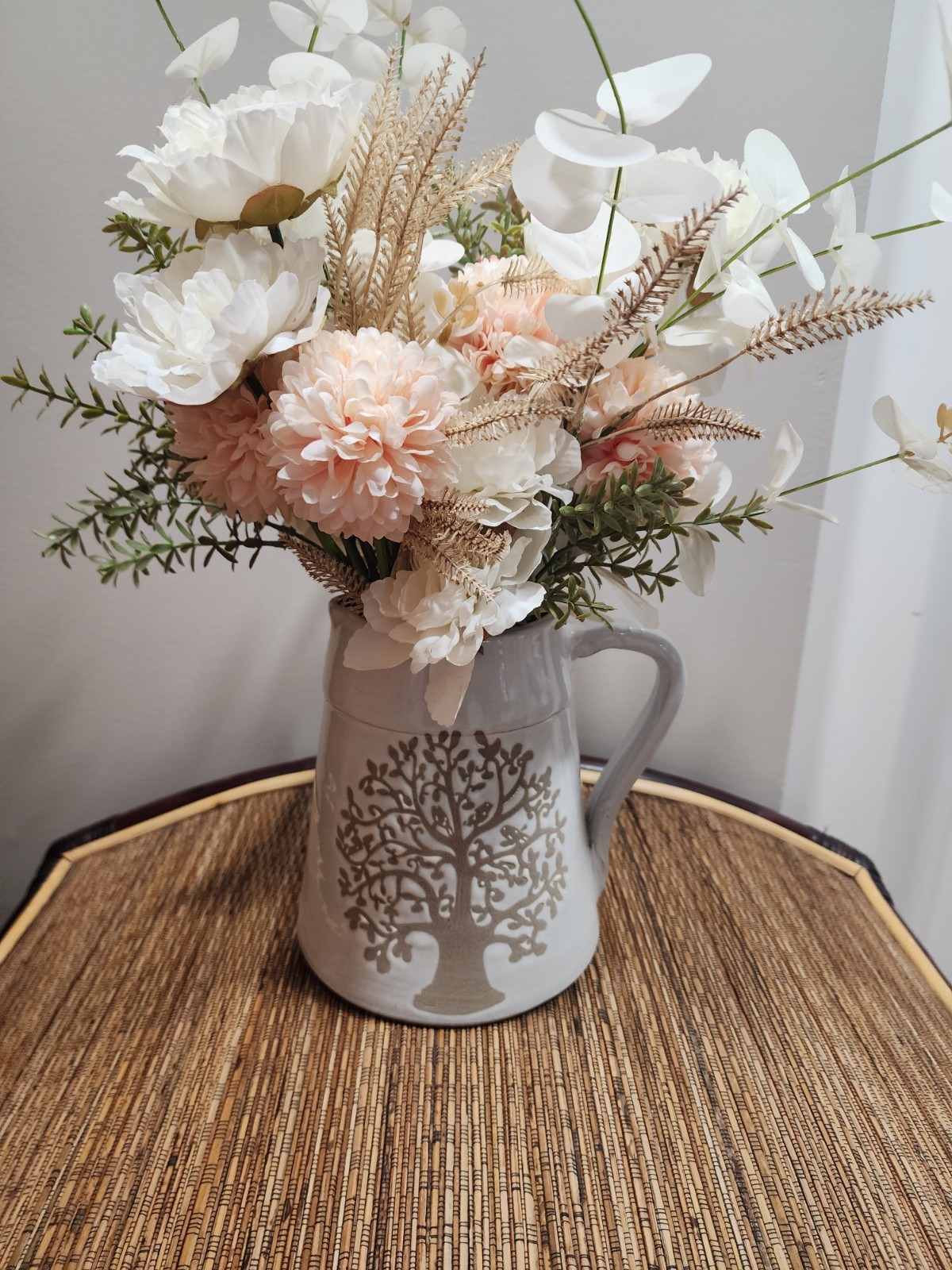 Gorgeoue Handmade Flower Arrangement in Ceramic Vase Pitcher Peach And White