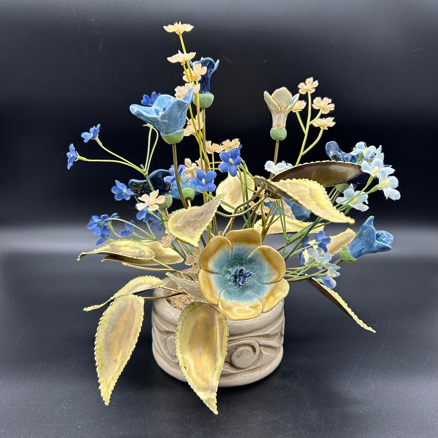 Mixed Media Flower Arrangement Ceramic & Faux Silk Flowers Metal Leaves in Pot