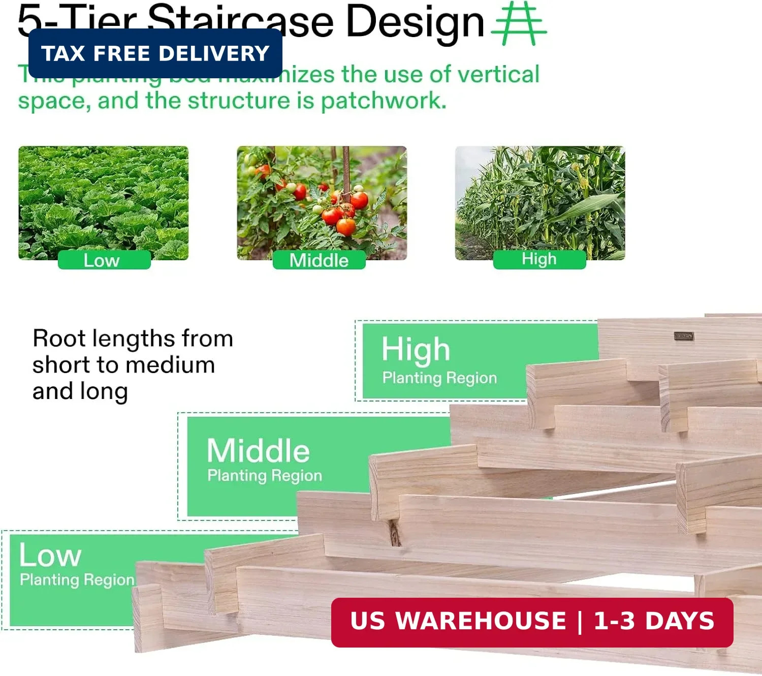 VIVOSUN 5-Tier Wooden Raised Garden Bed, 42 x 42 x 14 Inches, Outdoor Wood Plant