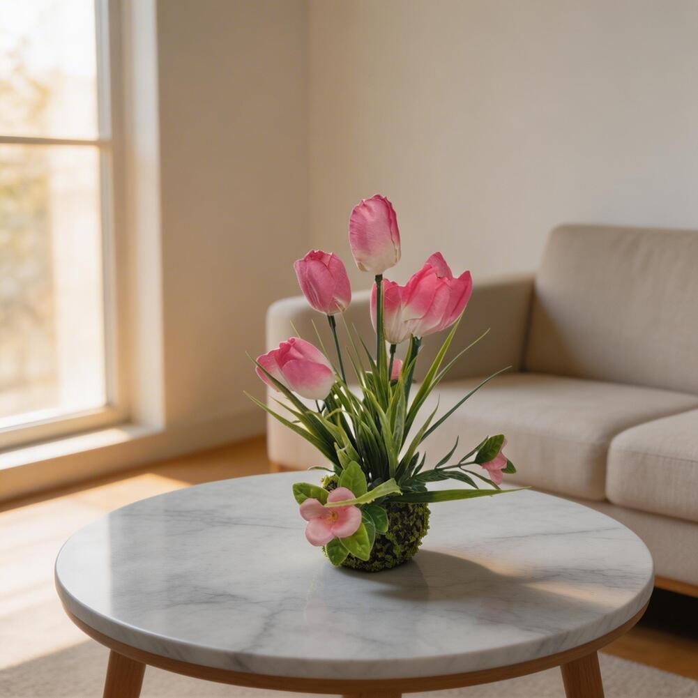 Artificial Pink Tulip in Decorative Moss Ball 7.5cm 23cm for Bookshelf